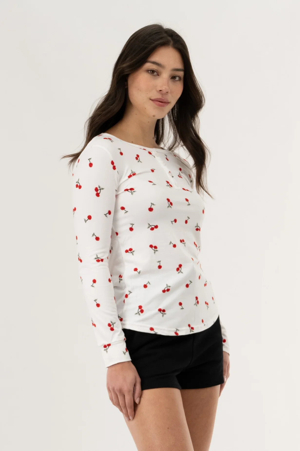 Long Sleeve Cherry Print Pajama Top - White - Image 2