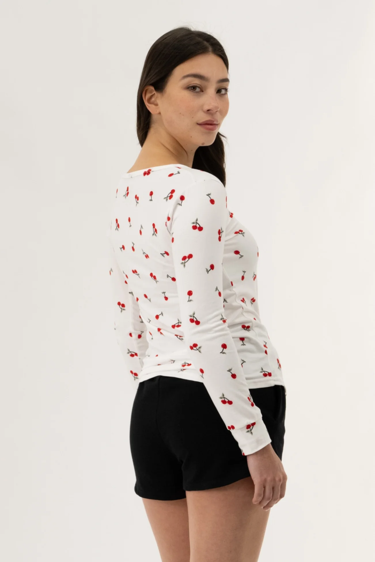 Long Sleeve Cherry Print Pajama Top - White - Image 3