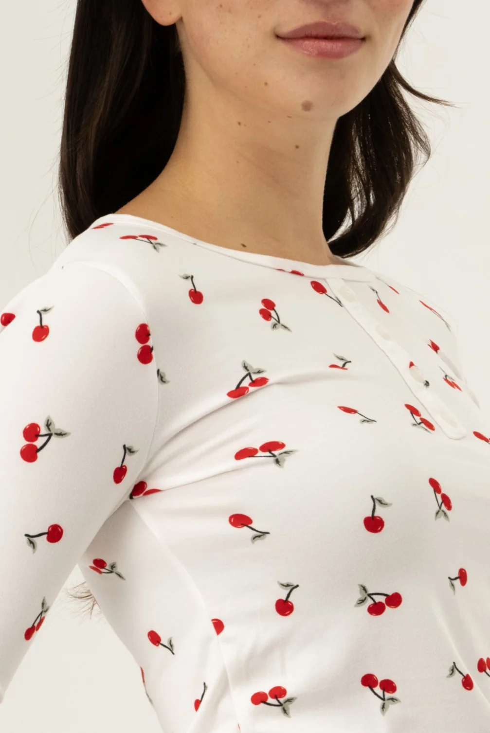 Long Sleeve Cherry Print Pajama Top - White - Image 4