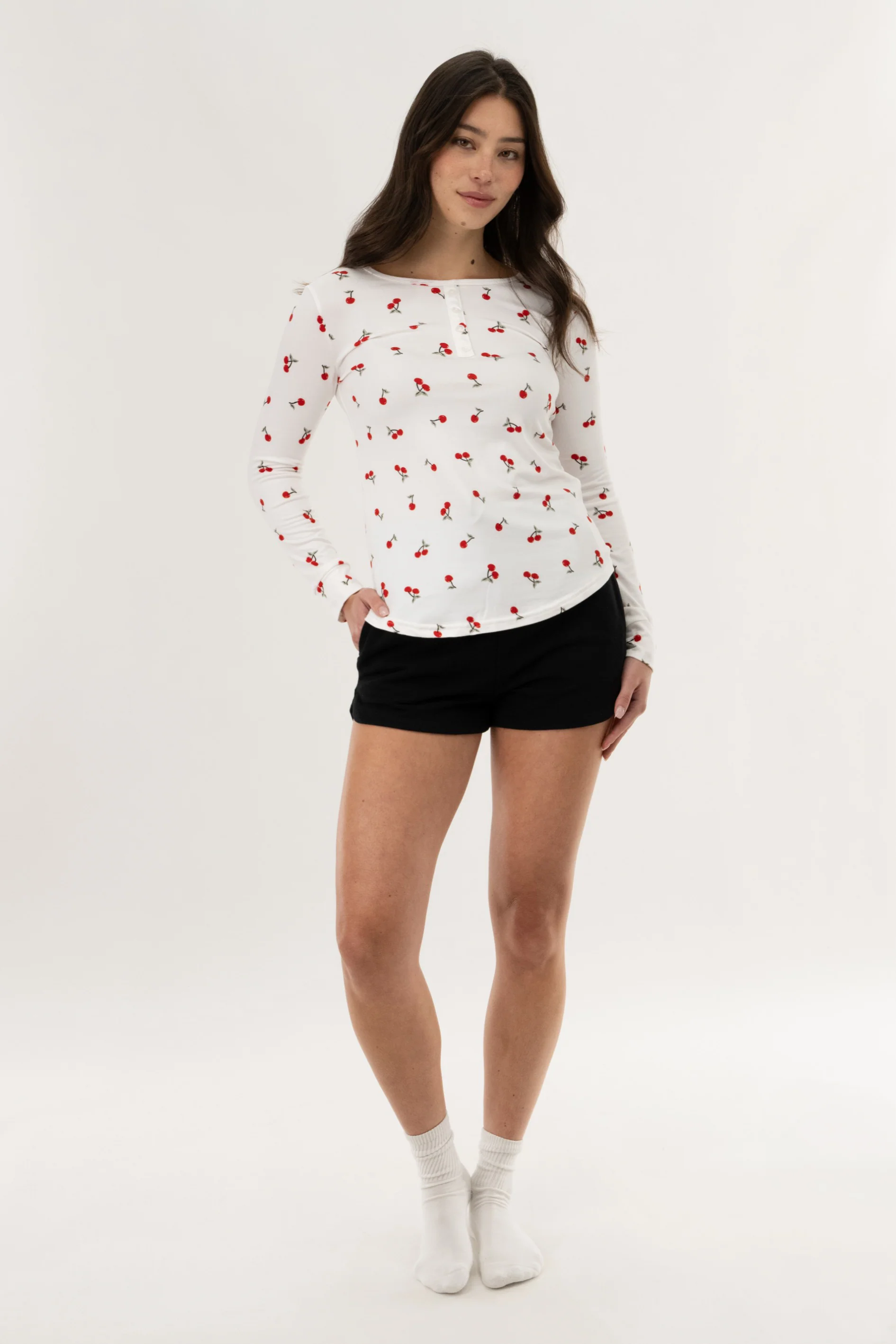 Long Sleeve Cherry Print Pajama Top - White - Image 5