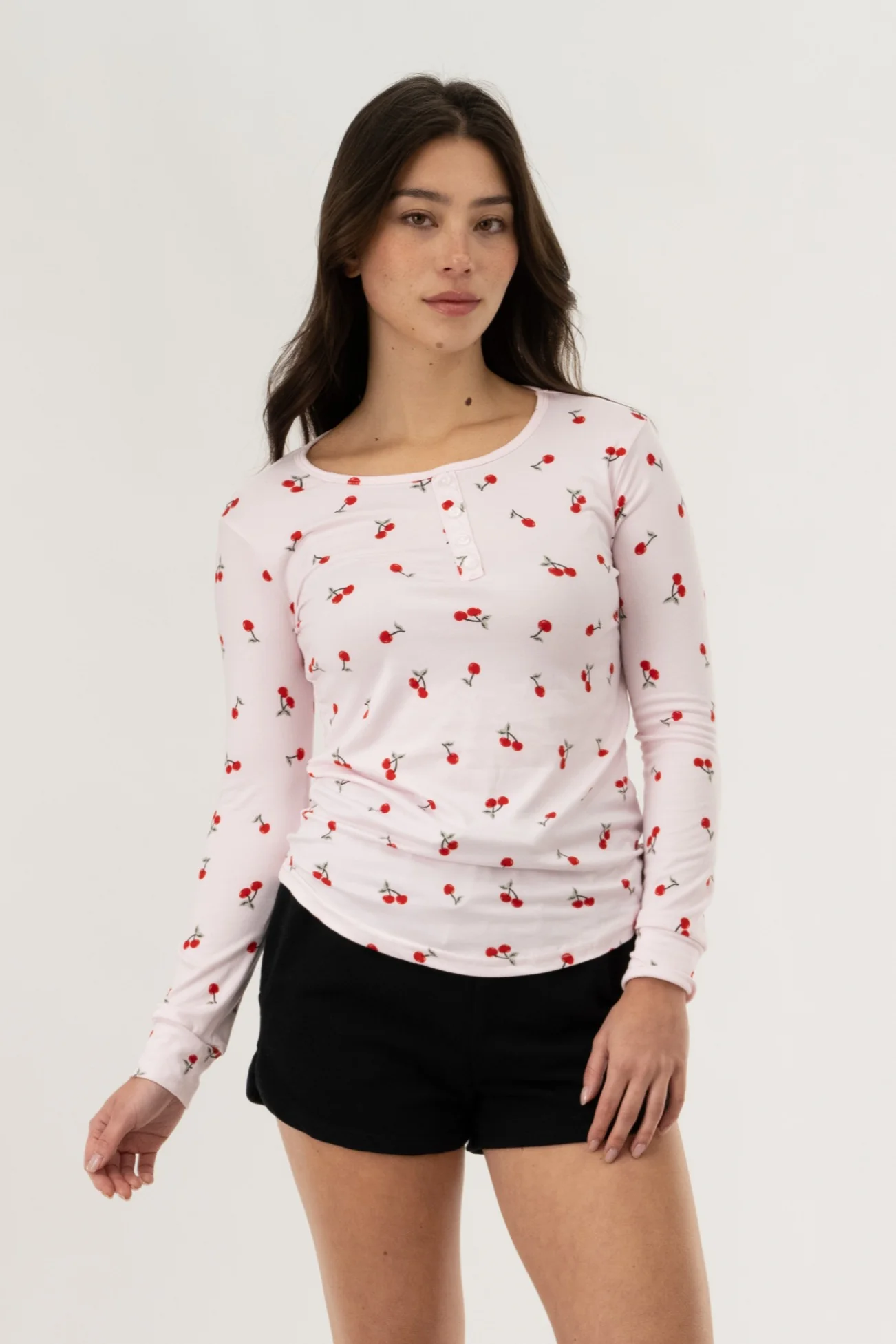 Long Sleeve Cherry Print Pajama Top - Pink