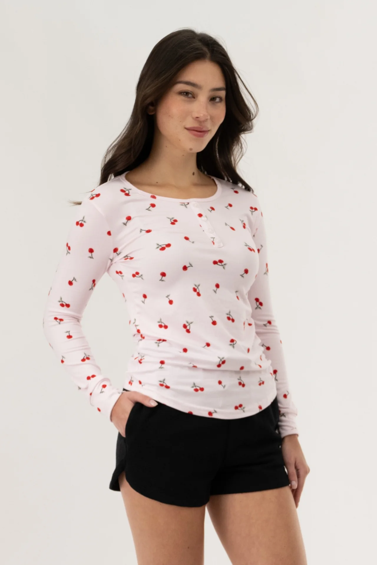 Long Sleeve Cherry Print Pajama Top - Pink - Image 2