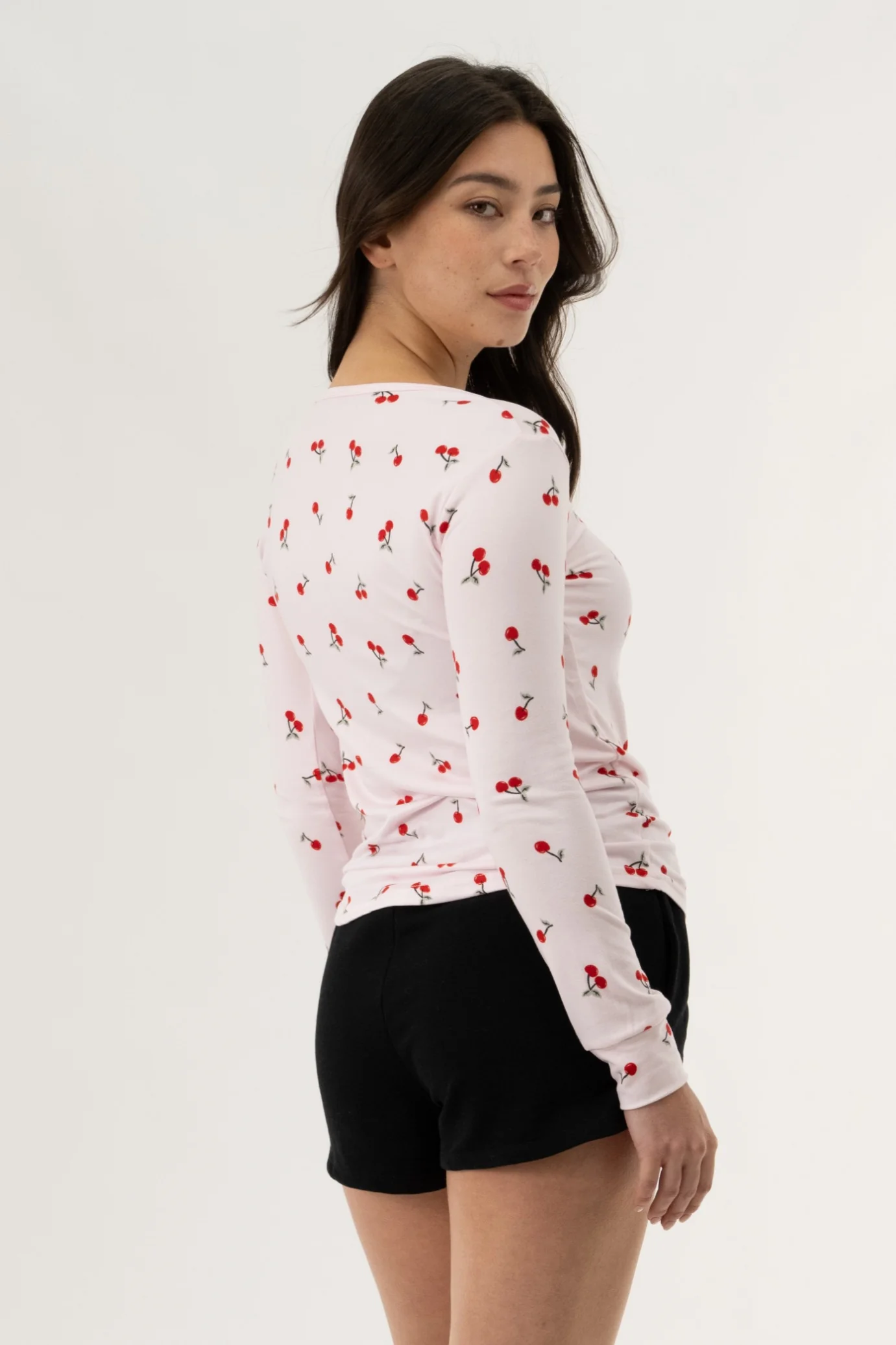 Long Sleeve Cherry Print Pajama Top - Pink - Image 3
