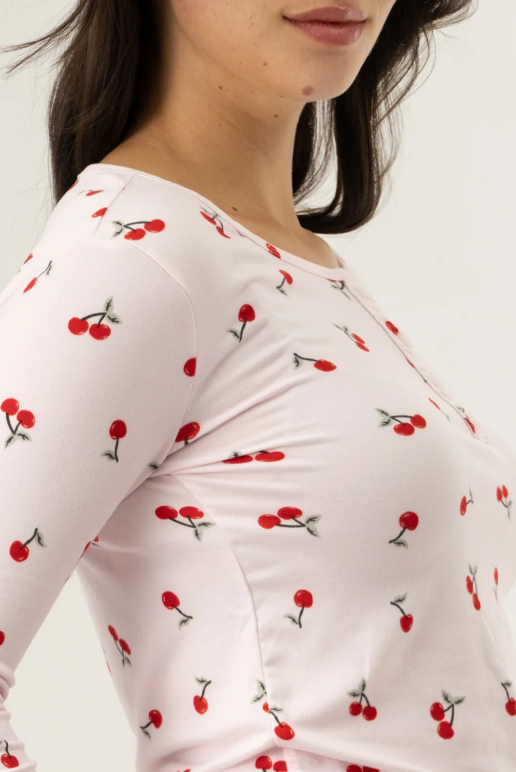 Long Sleeve Cherry Print Pajama Top - Pink - Image 4