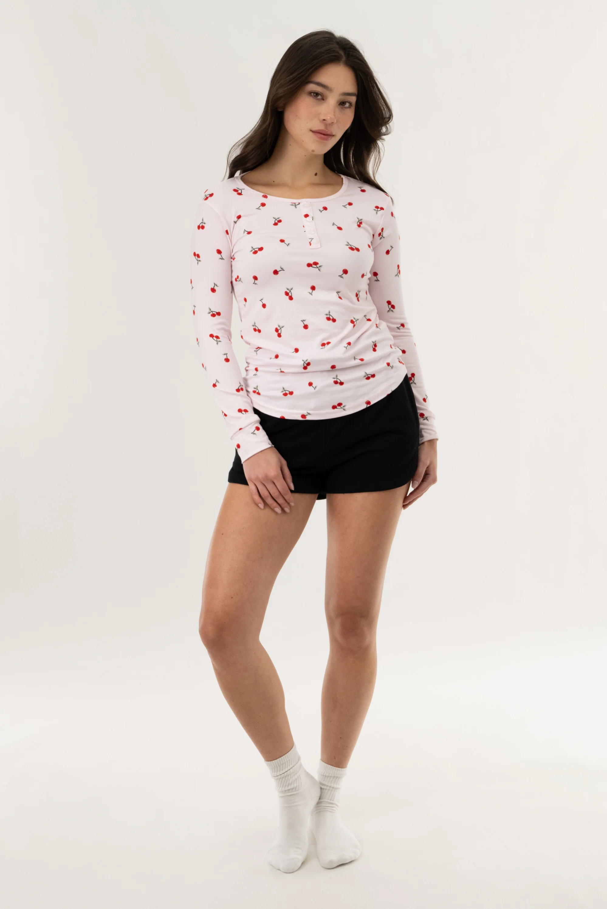 Long Sleeve Cherry Print Pajama Top - Pink - Image 5