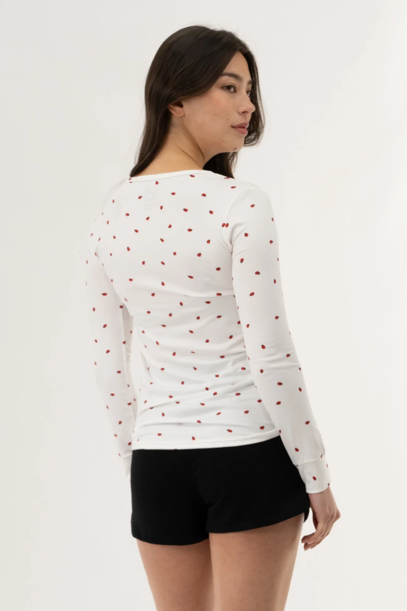 Long Sleeve Lady Bug Print Pajama Top - White - Image 3
