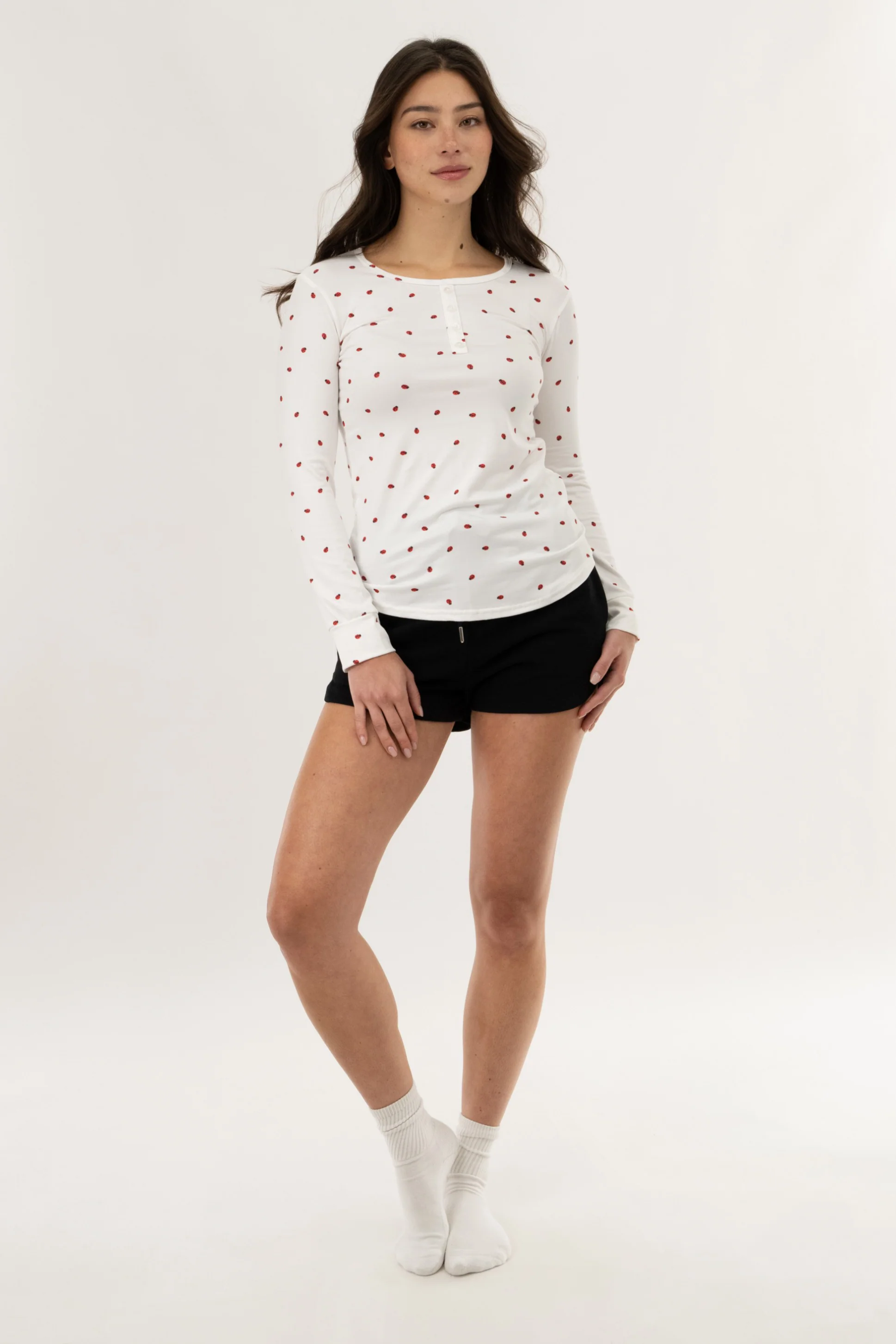 Long Sleeve Lady Bug Print Pajama Top - White - Image 5