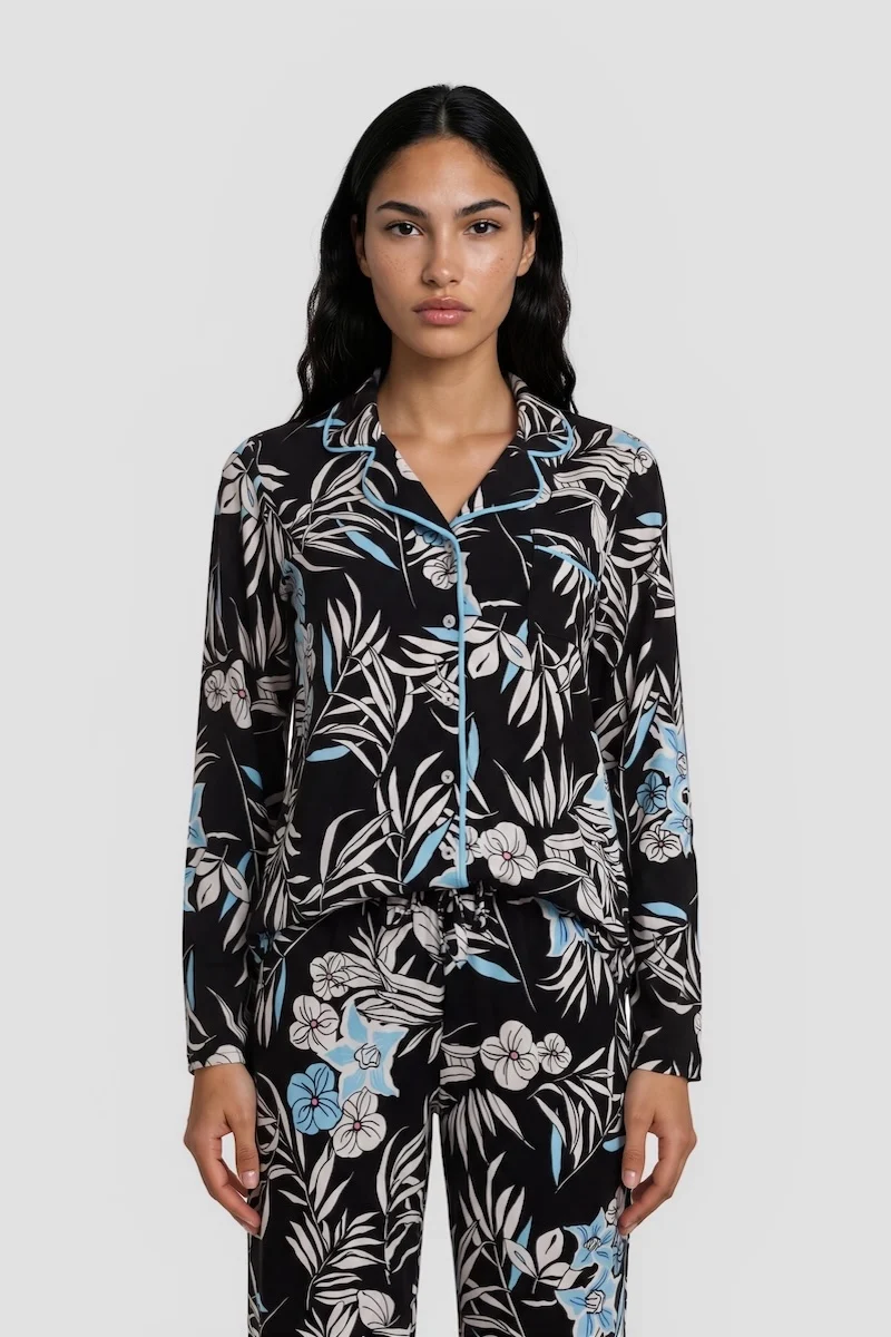 Flower Print Long Sleeve Button Down Pajama Top - Black