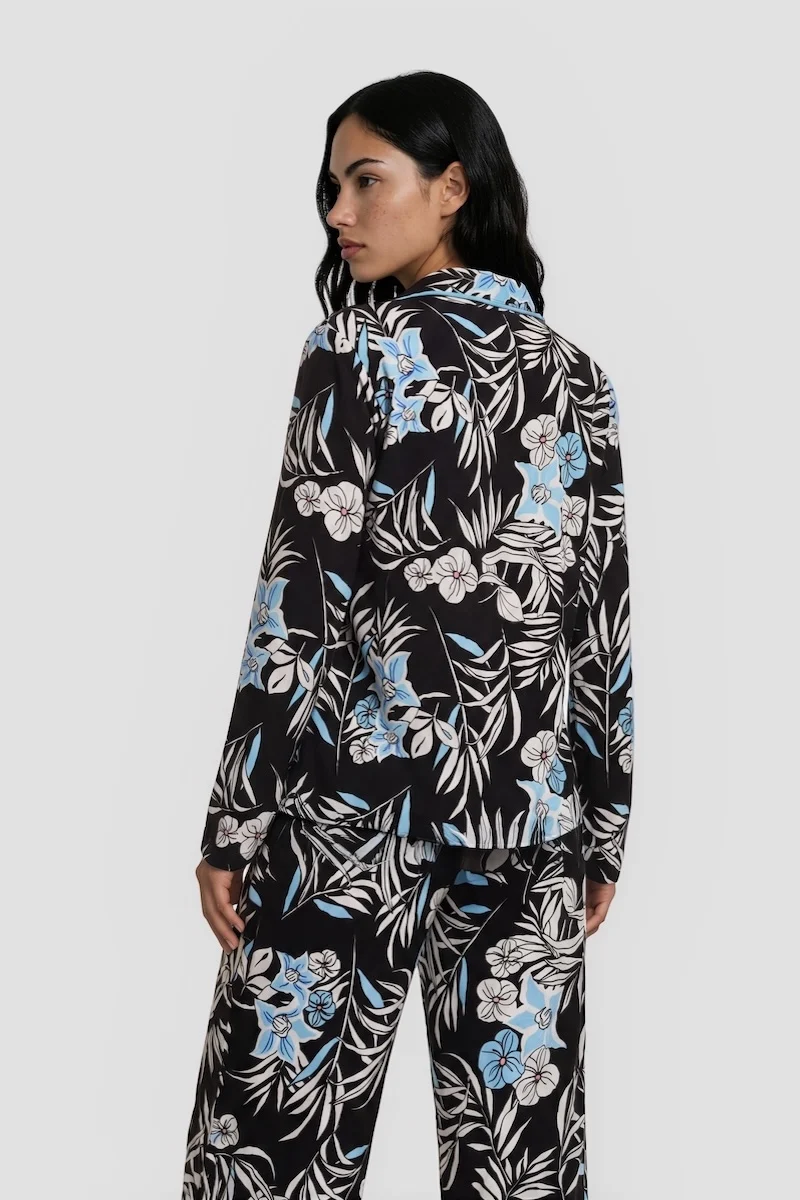 Flower Print Long Sleeve Button Down Pajama Top - Black - Image 2