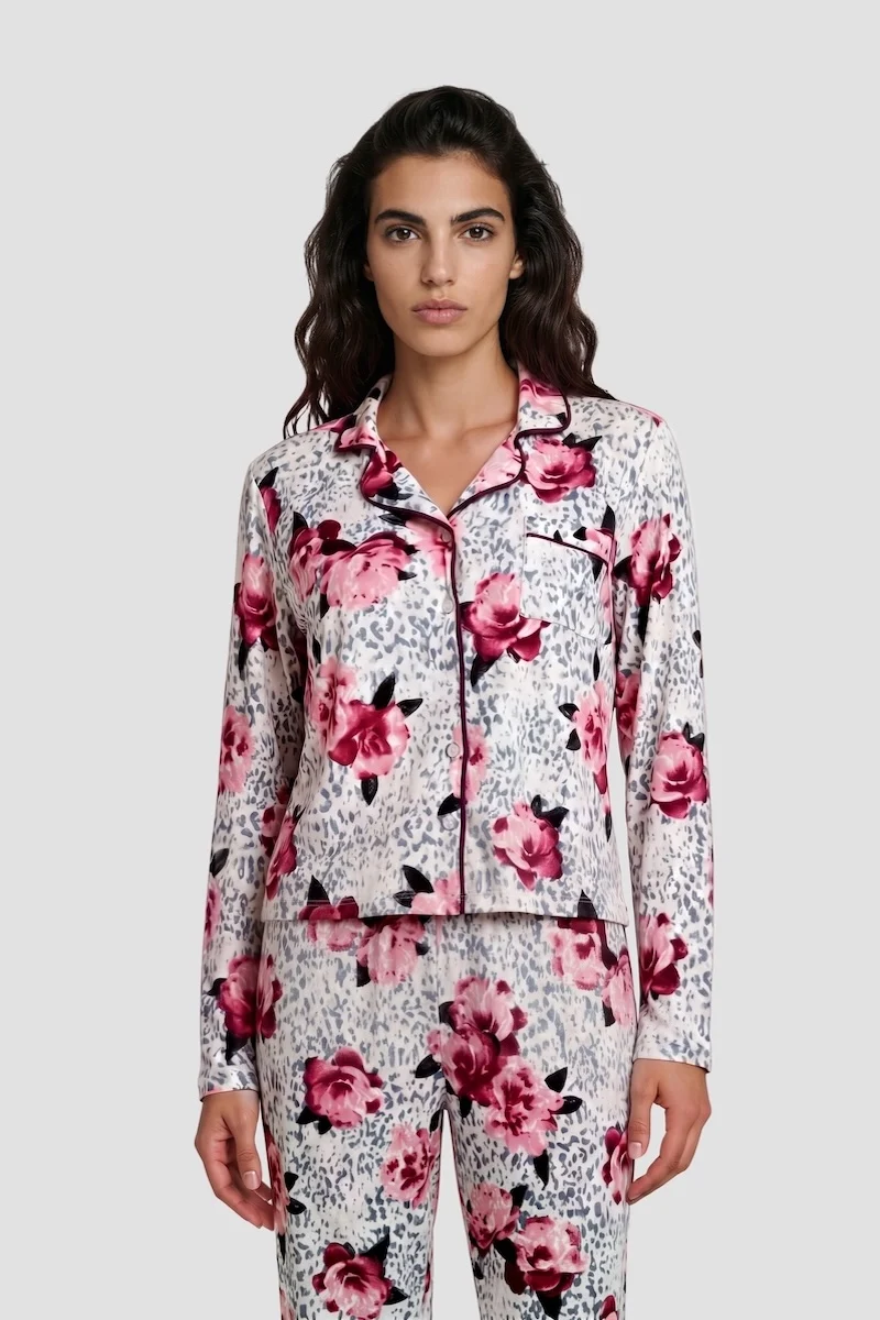 Flower Print Long Sleeve Button Down Pajama Top - White