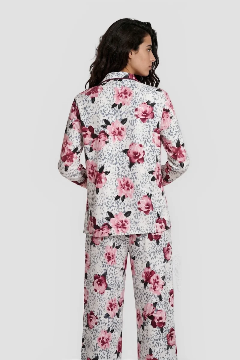 Flower Print Long Sleeve Button Down Pajama Top - White - Image 2
