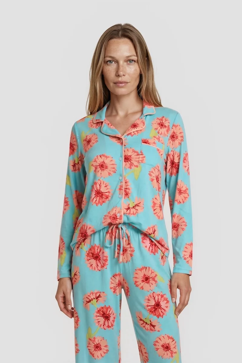 Flower Print Long Sleeve Button Down Pajama Top - Aqua