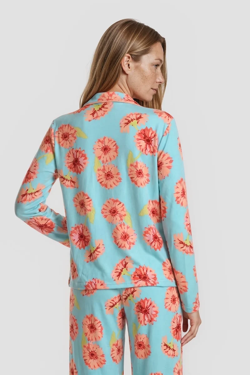 Flower Print Long Sleeve Button Down Pajama Top - Aqua - Image 2