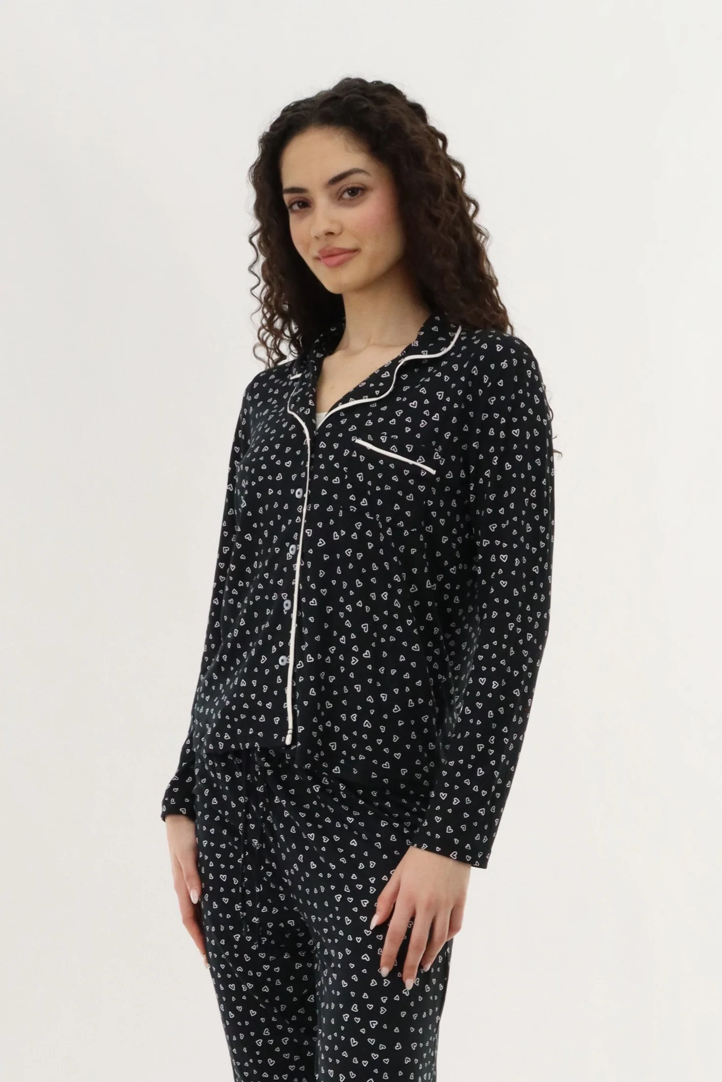 Heart Print Button Up Pajama Top - Black - Image 2