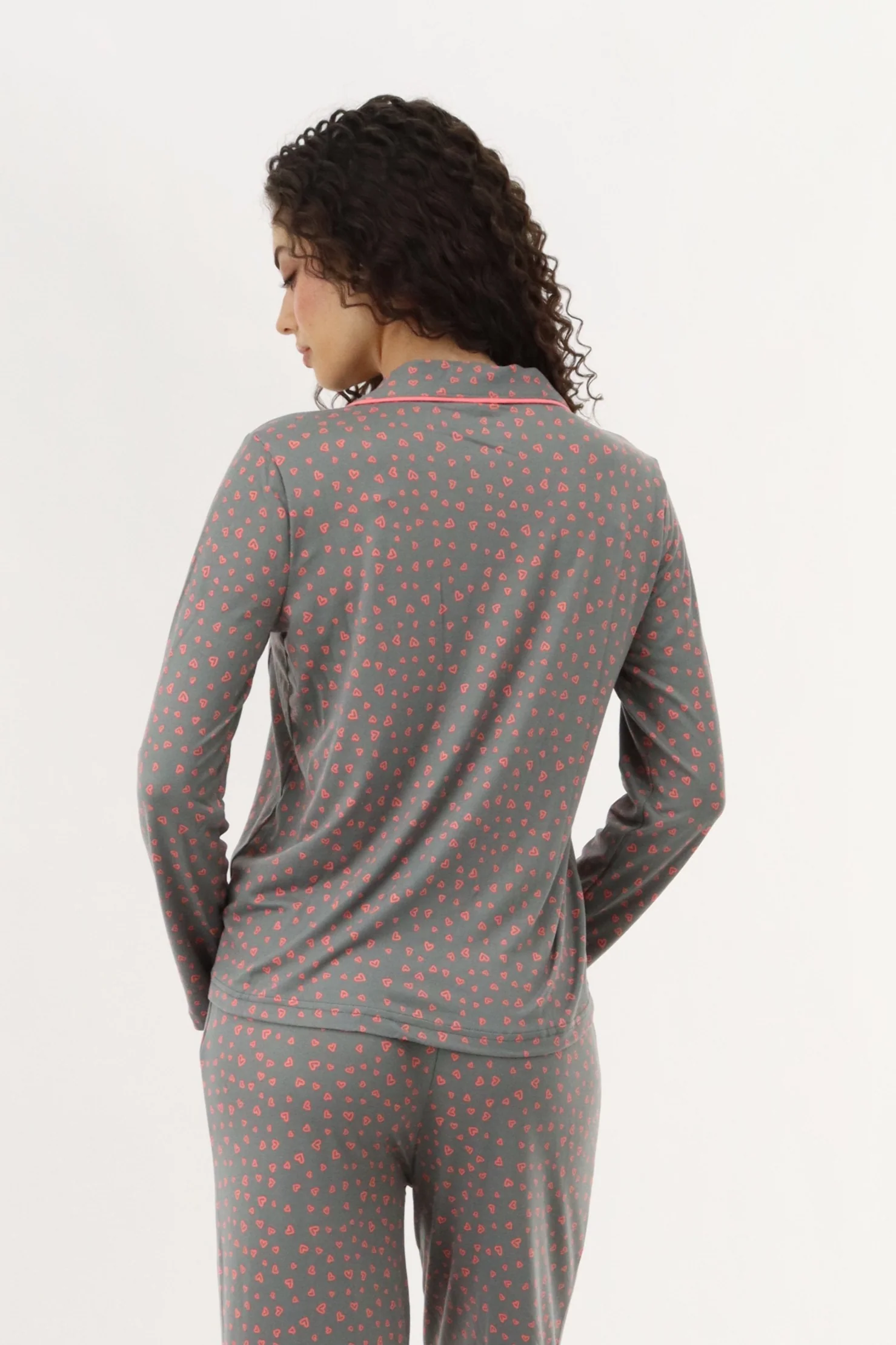 Heart Print Button Up Pajama Top - Grey - Image 3