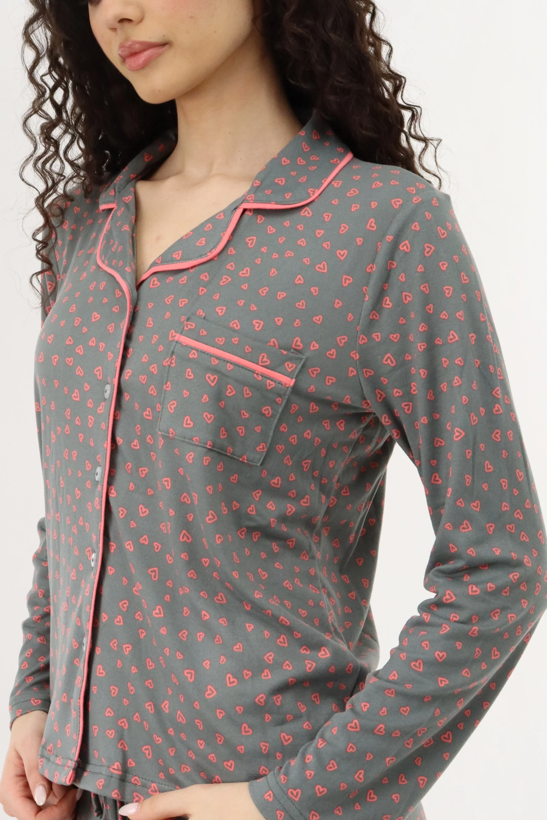 Heart Print Button Up Pajama Top - Grey - Image 4