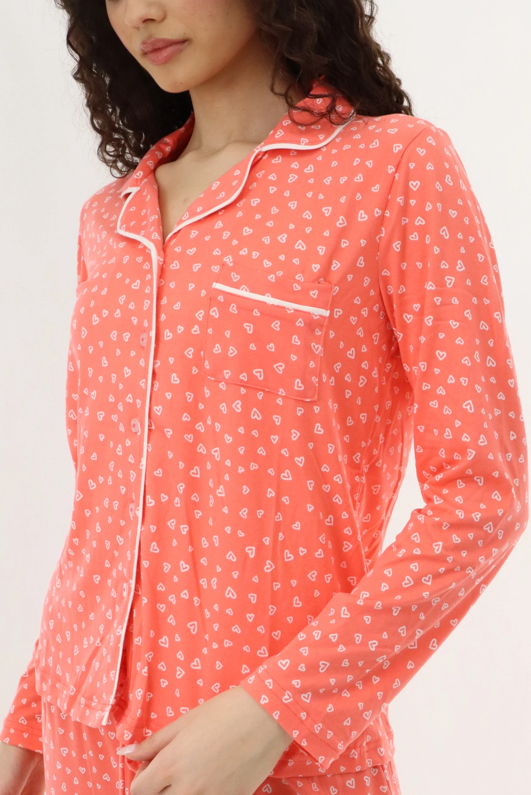 Heart Print Button Up Pajama Top - Coral - Image 4