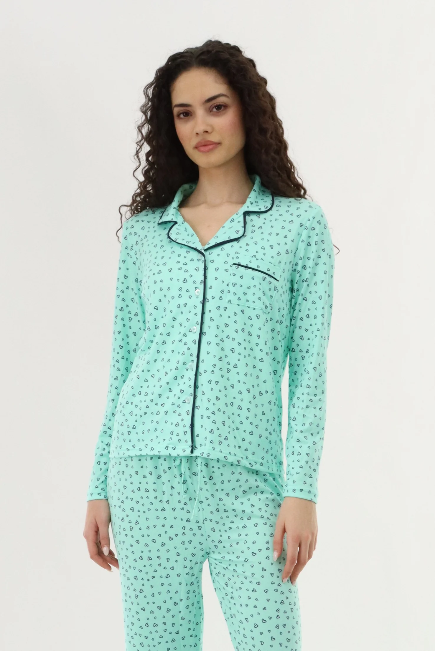 Heart Print Button Up Pajama Top - Mint