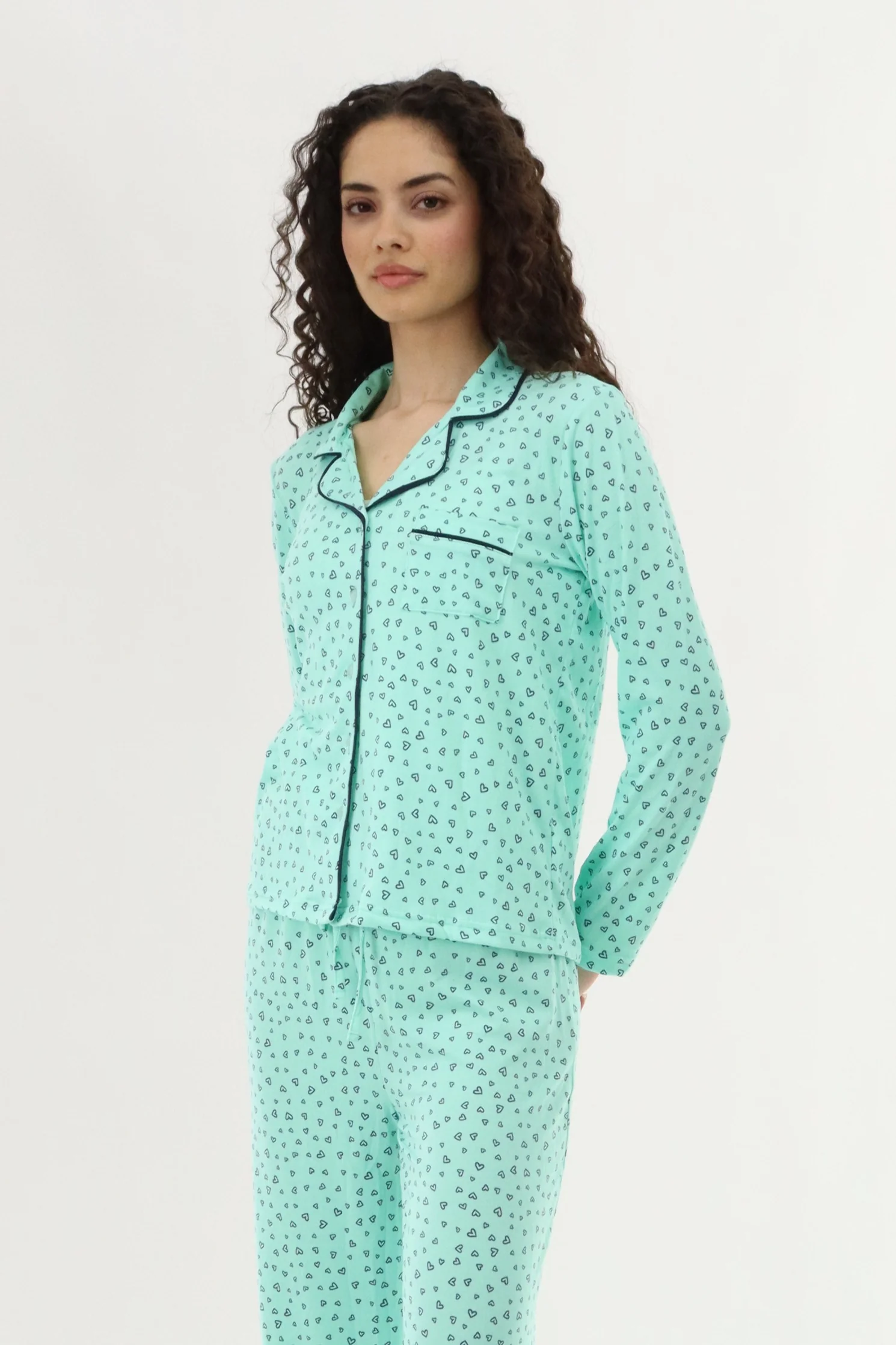 Heart Print Button Up Pajama Top - Mint - Image 2