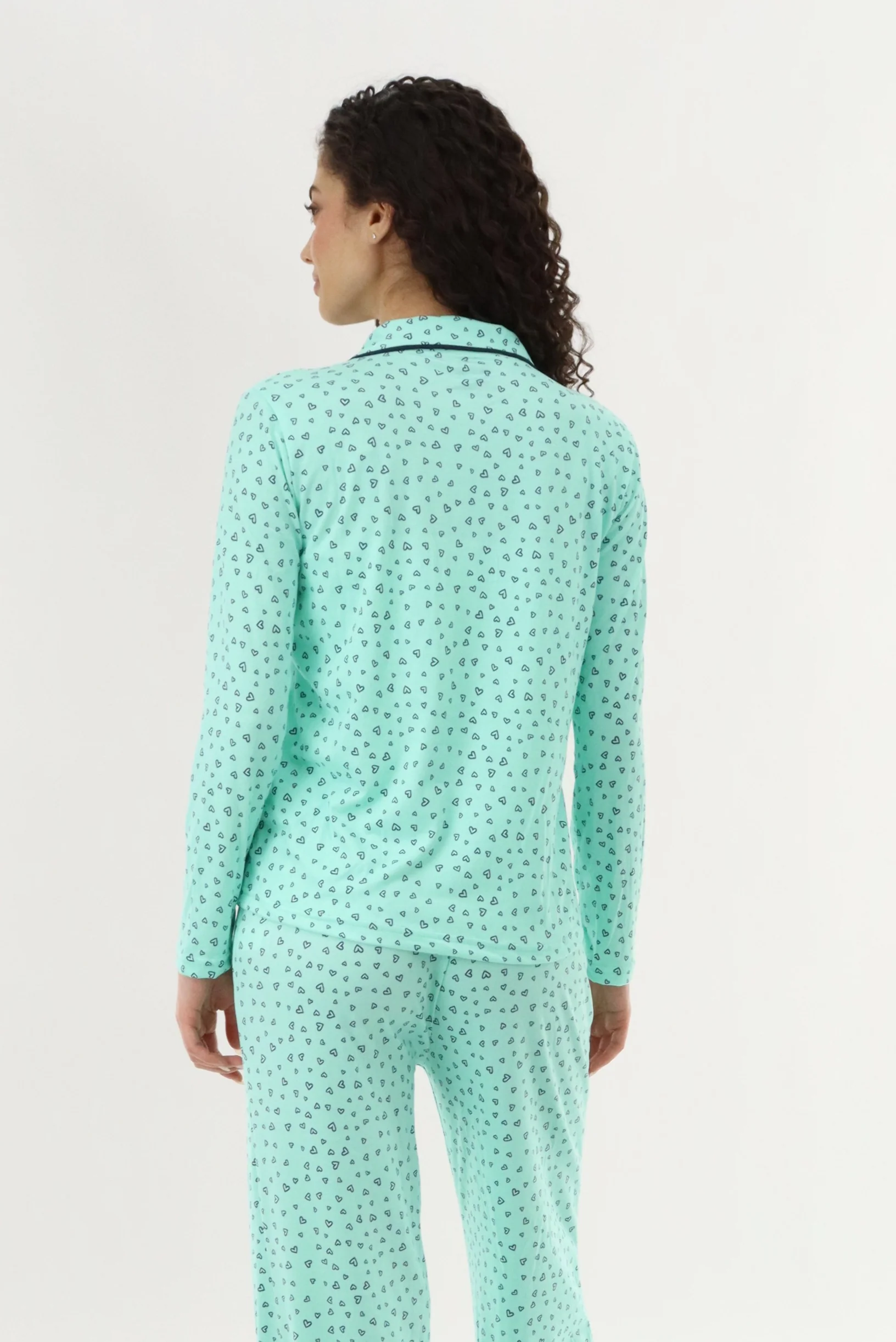 Heart Print Button Up Pajama Top - Mint - Image 3