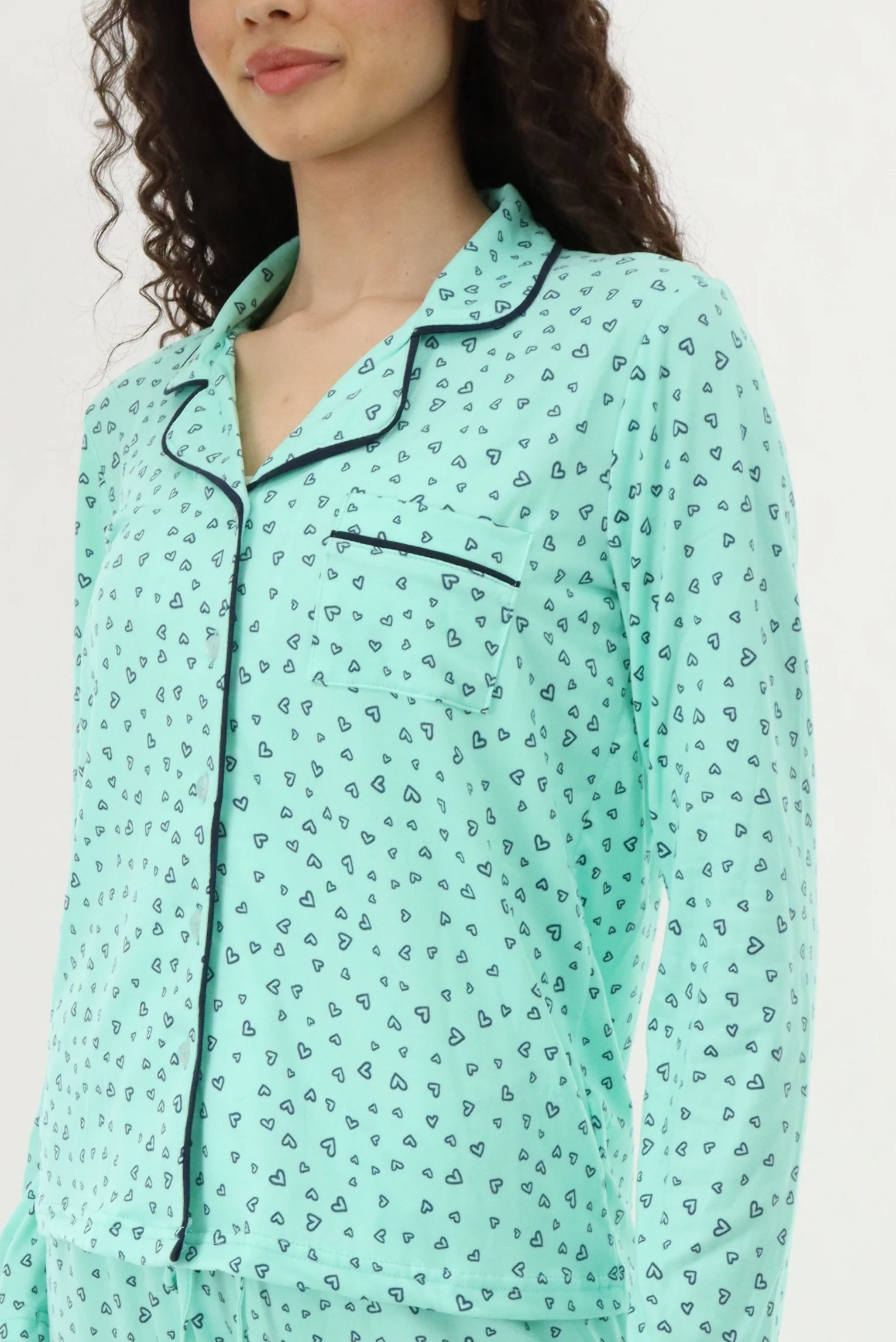 Heart Print Button Up Pajama Top - Mint - Image 4