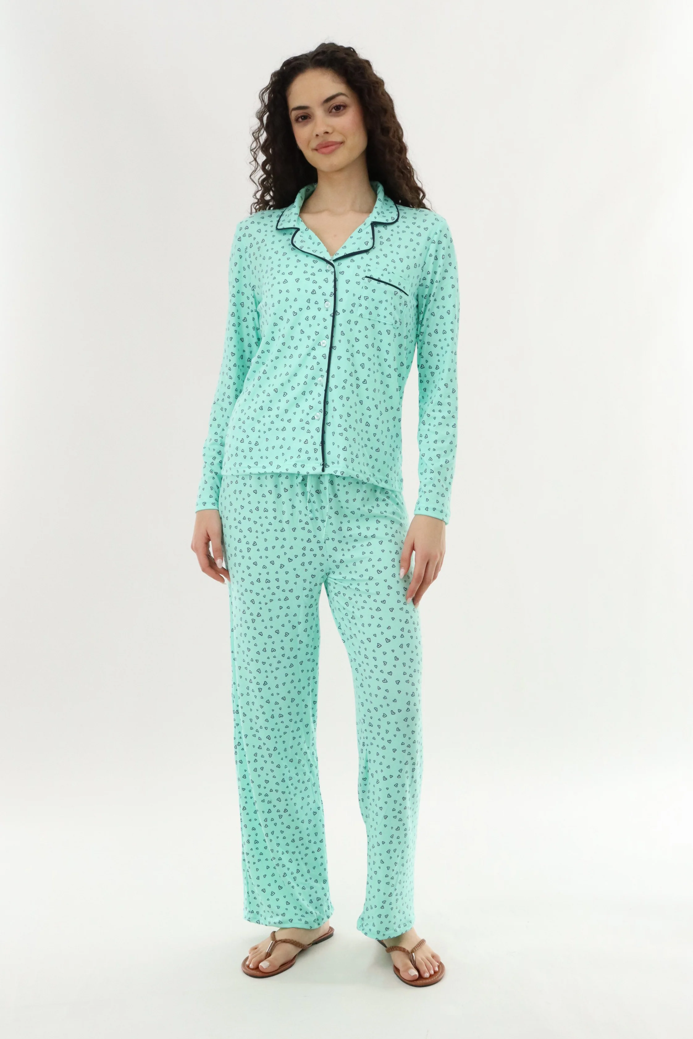 Heart Print Button Up Pajama Top - Mint - Image 5