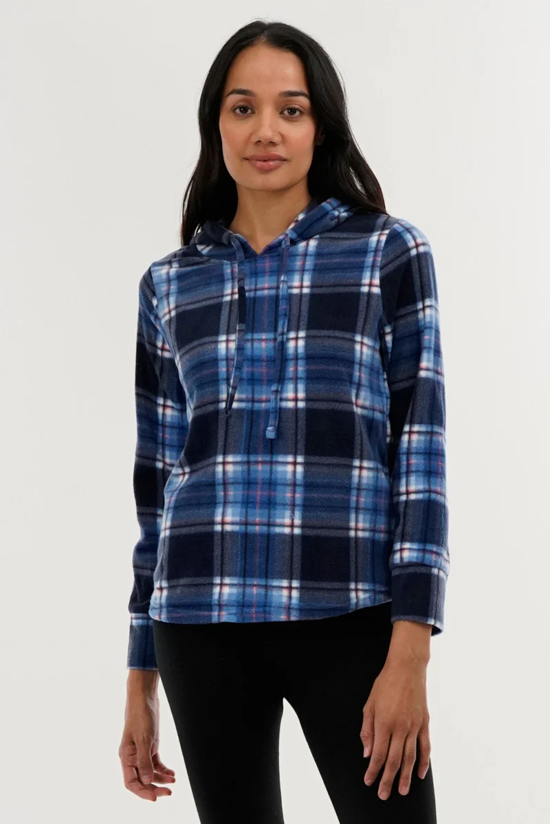 Plaid Hooded Pajama Top - Navy