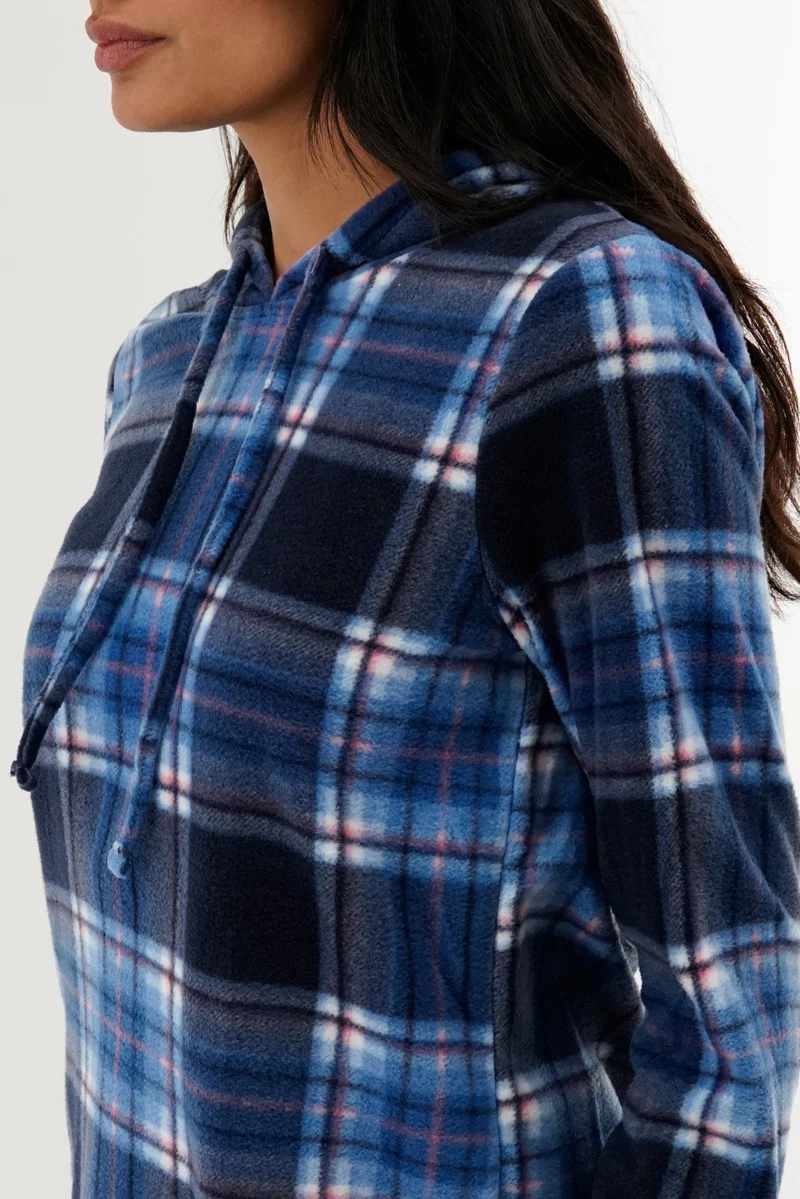Plaid Hooded Pajama Top - Navy - Image 4