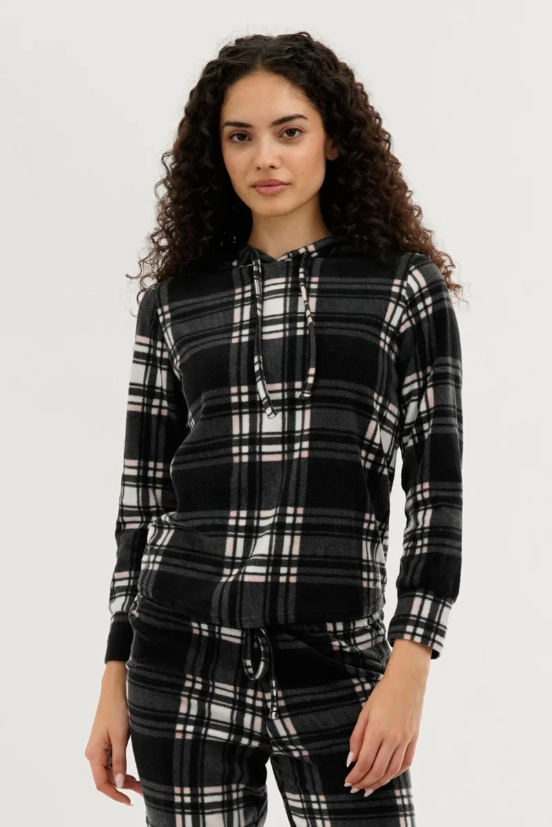 Plaid Hooded Pajama Top - Black