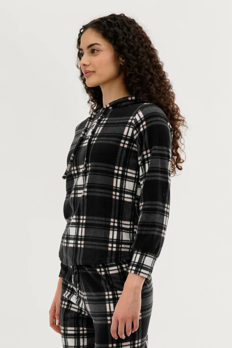 Plaid Hooded Pajama Top - Black - Image 2
