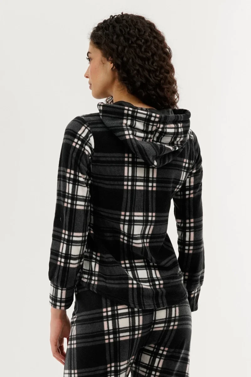 Plaid Hooded Pajama Top - Black - Image 3
