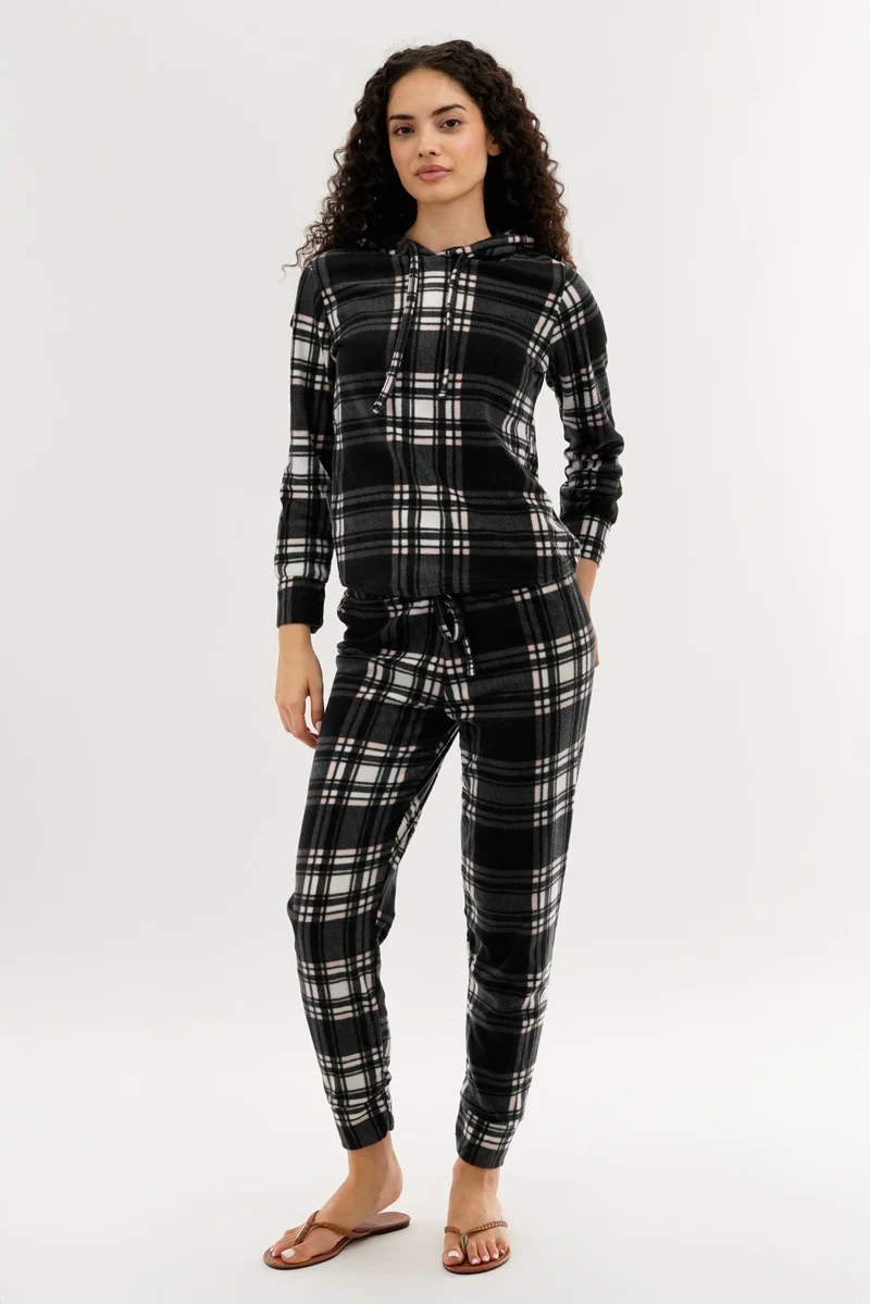 Plaid Hooded Pajama Top - Black - Image 5