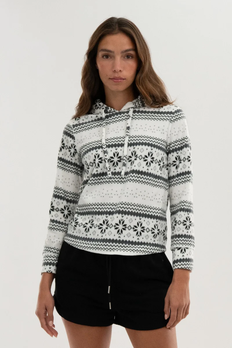 Festive Print Hooded Pajama Top - White