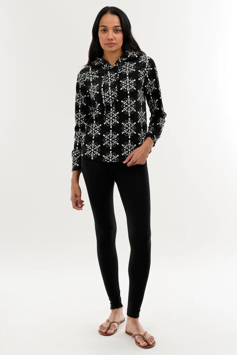 Festive Print Hooded Pajama Top - Black - Image 5