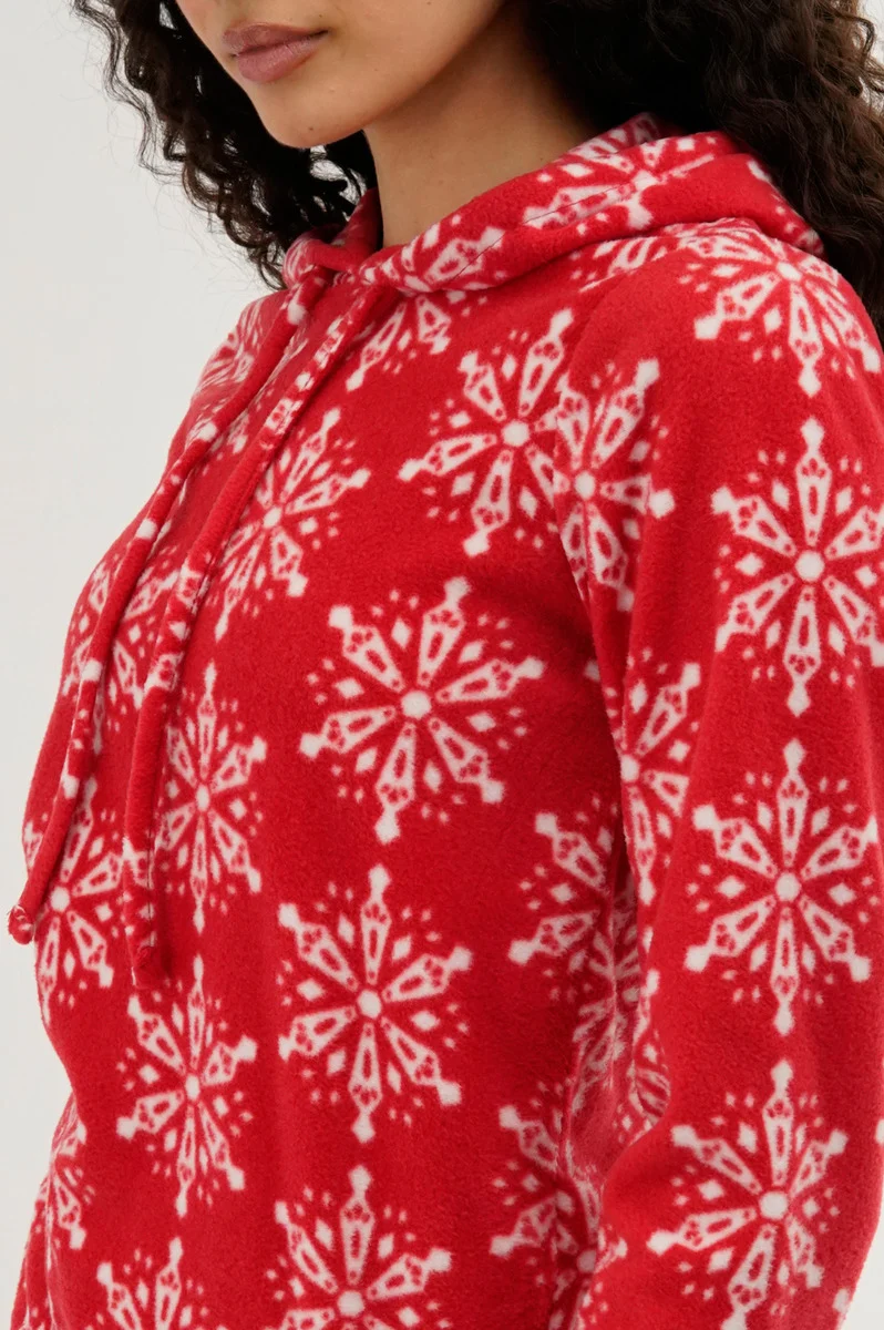 Festive Print Hooded Pajama Top - Red - Image 4