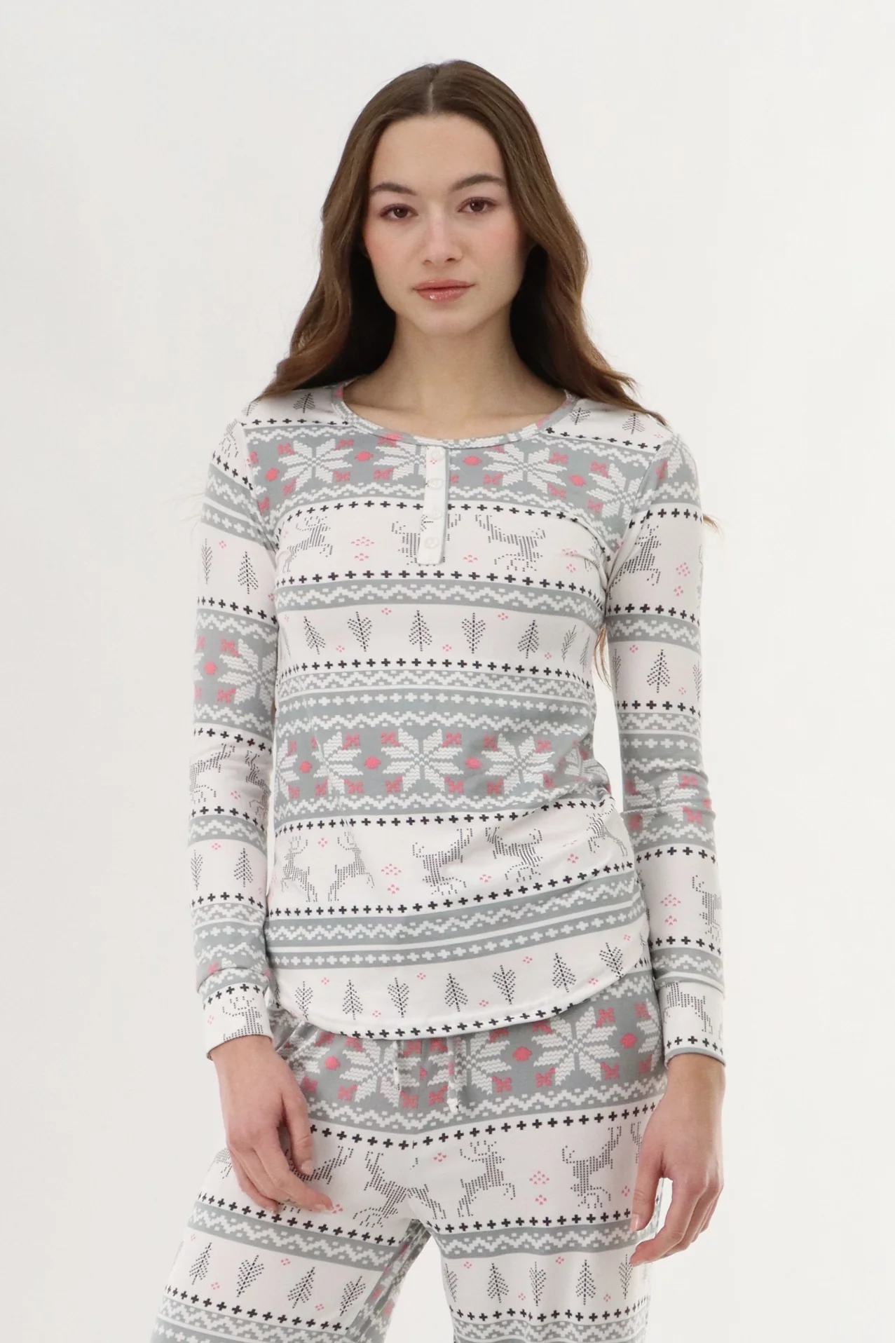 Long Sleeve Festive Pajama Top - Grey