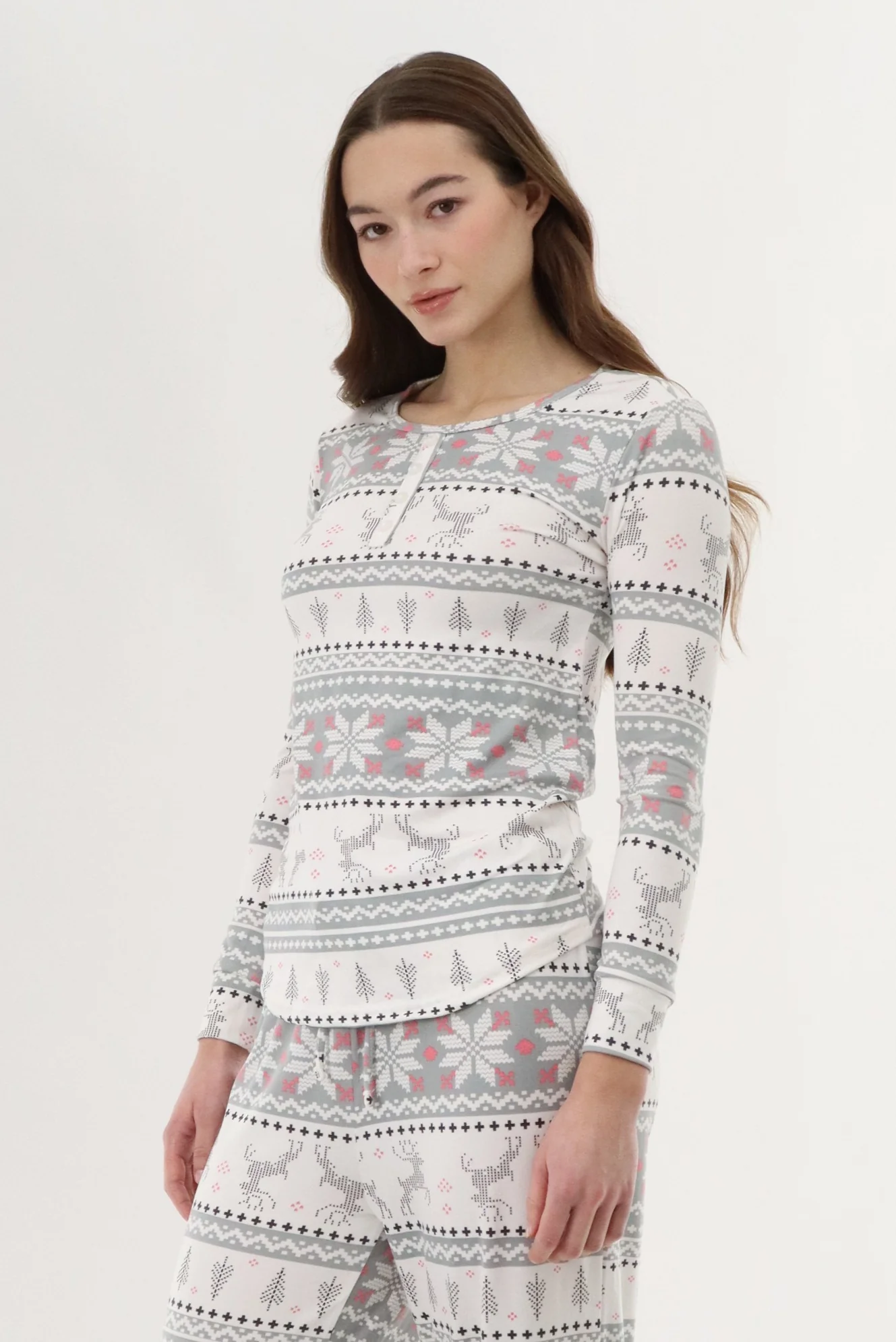 Long Sleeve Festive Pajama Top - Grey - Image 2