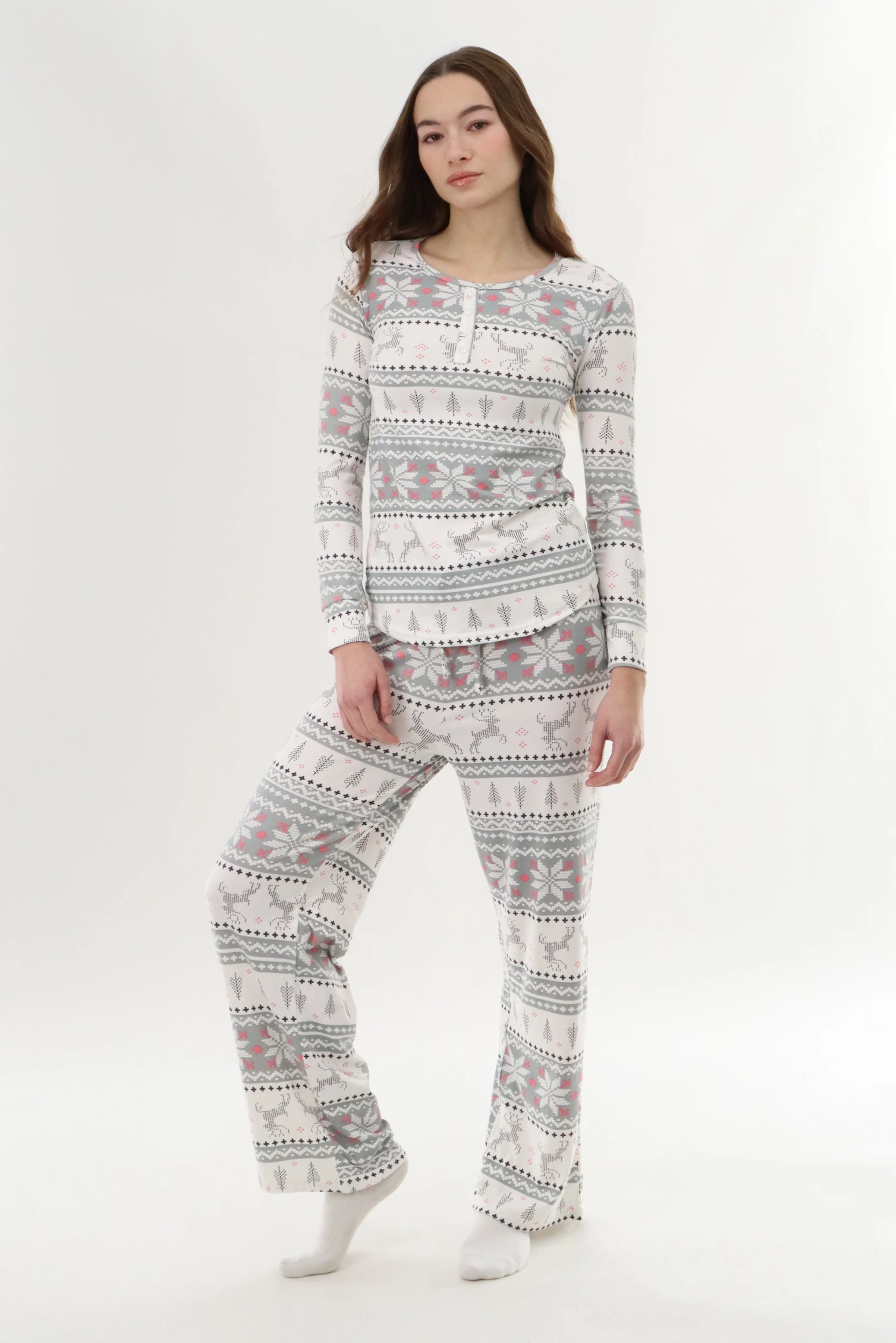 Long Sleeve Festive Pajama Top - Grey - Image 5