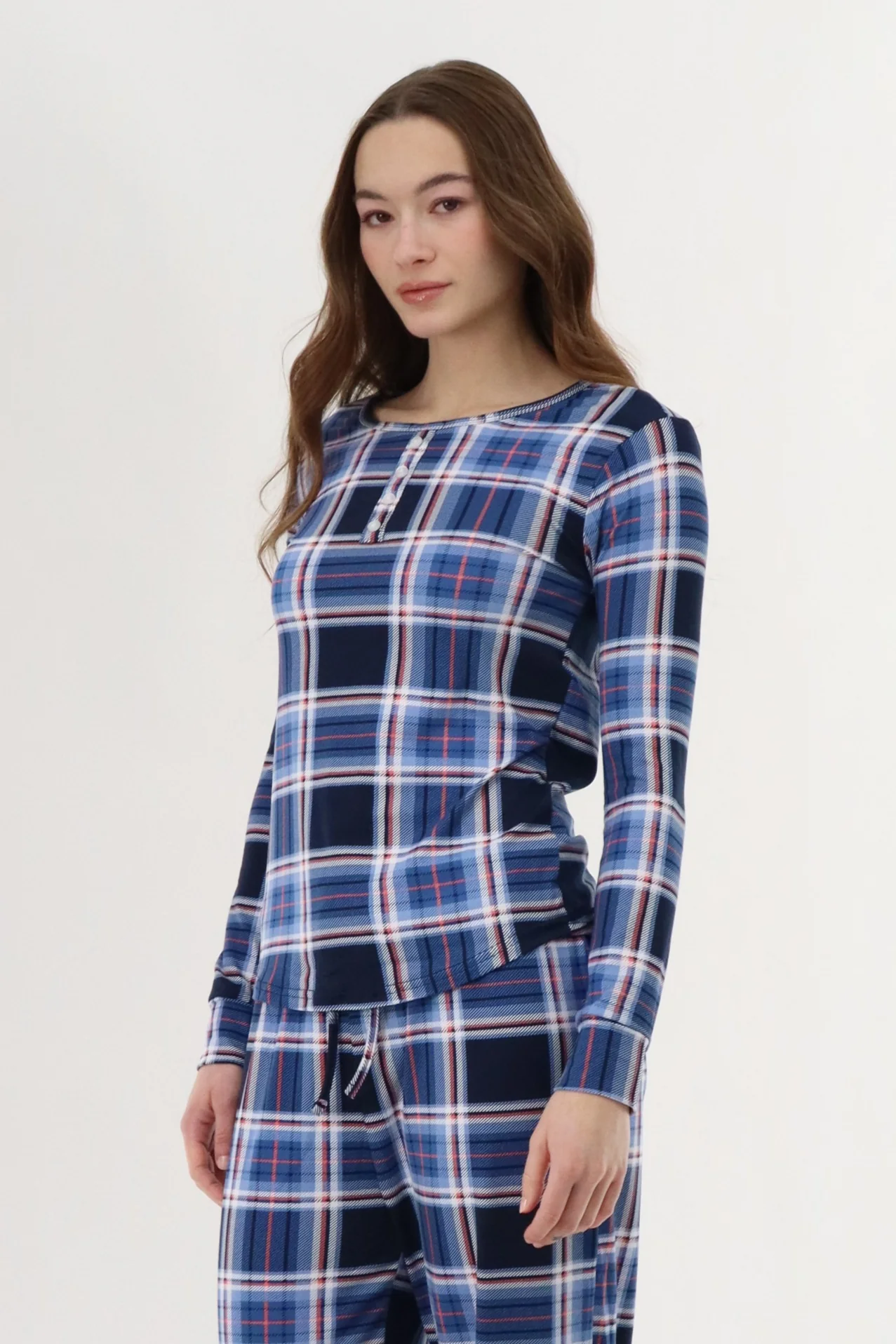 Long Sleeve Plaid Pajama Top - Navy - Image 2