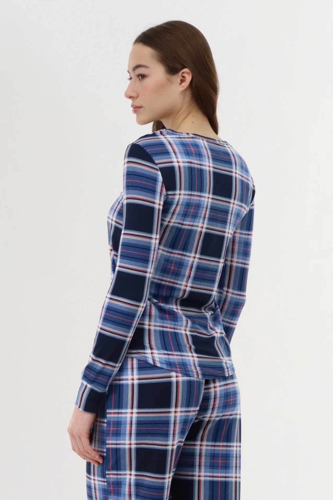 Long Sleeve Plaid Pajama Top - Navy - Image 3