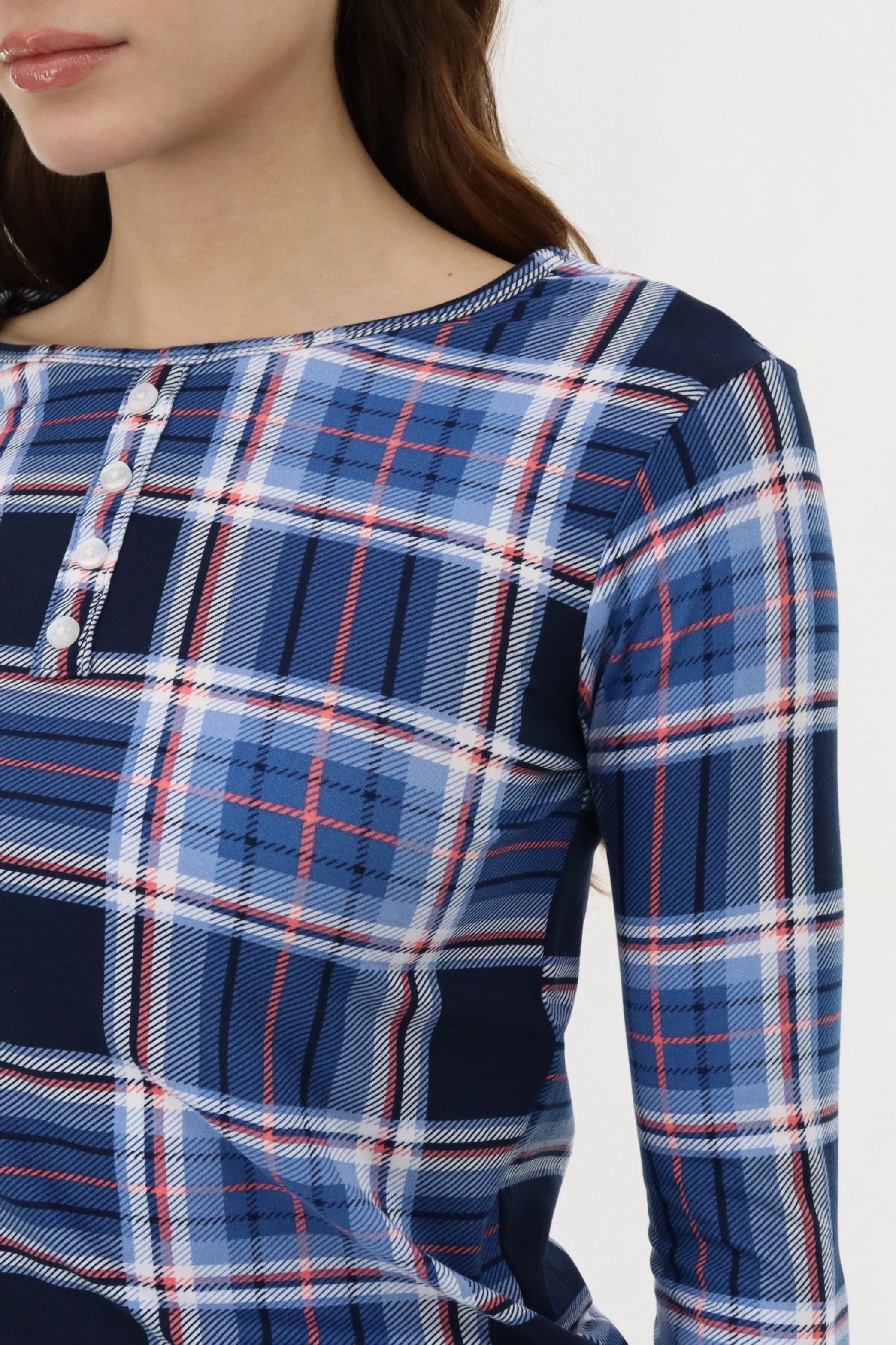 Long Sleeve Plaid Pajama Top - Navy - Image 4