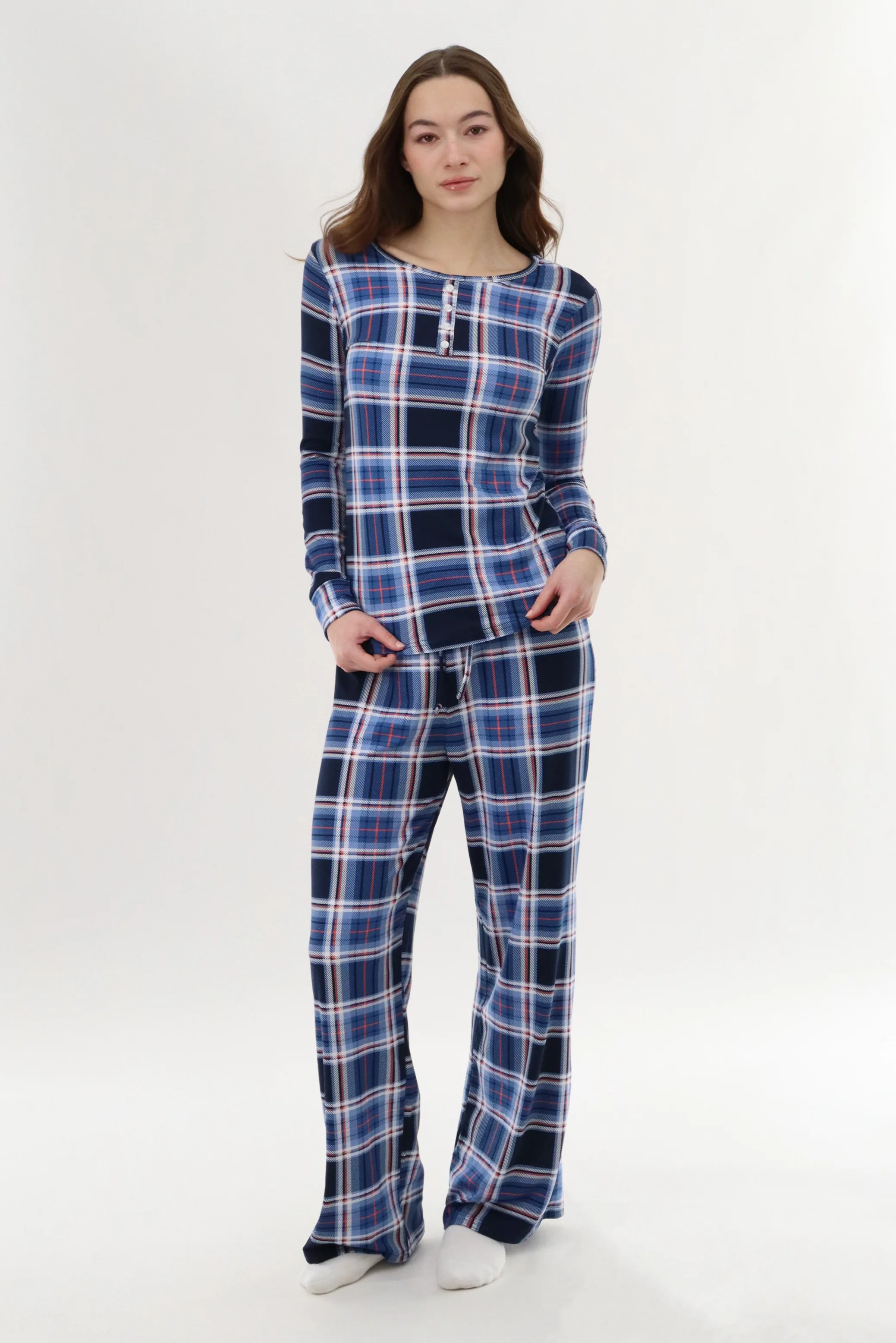 Long Sleeve Plaid Pajama Top - Navy - Image 5