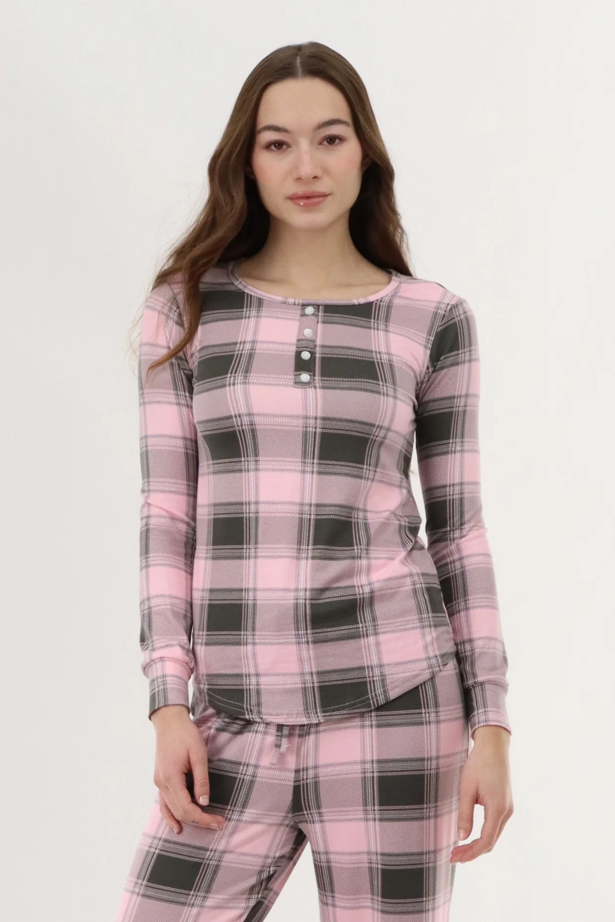 Long Sleeve Plaid Pajama Top - Pink