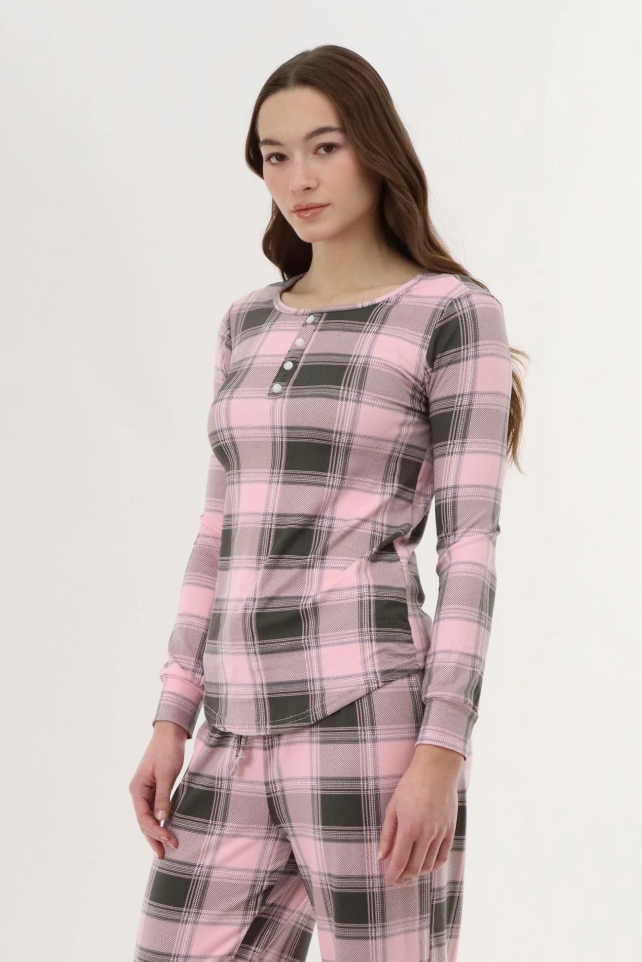 Long Sleeve Plaid Pajama Top - Pink - Image 2