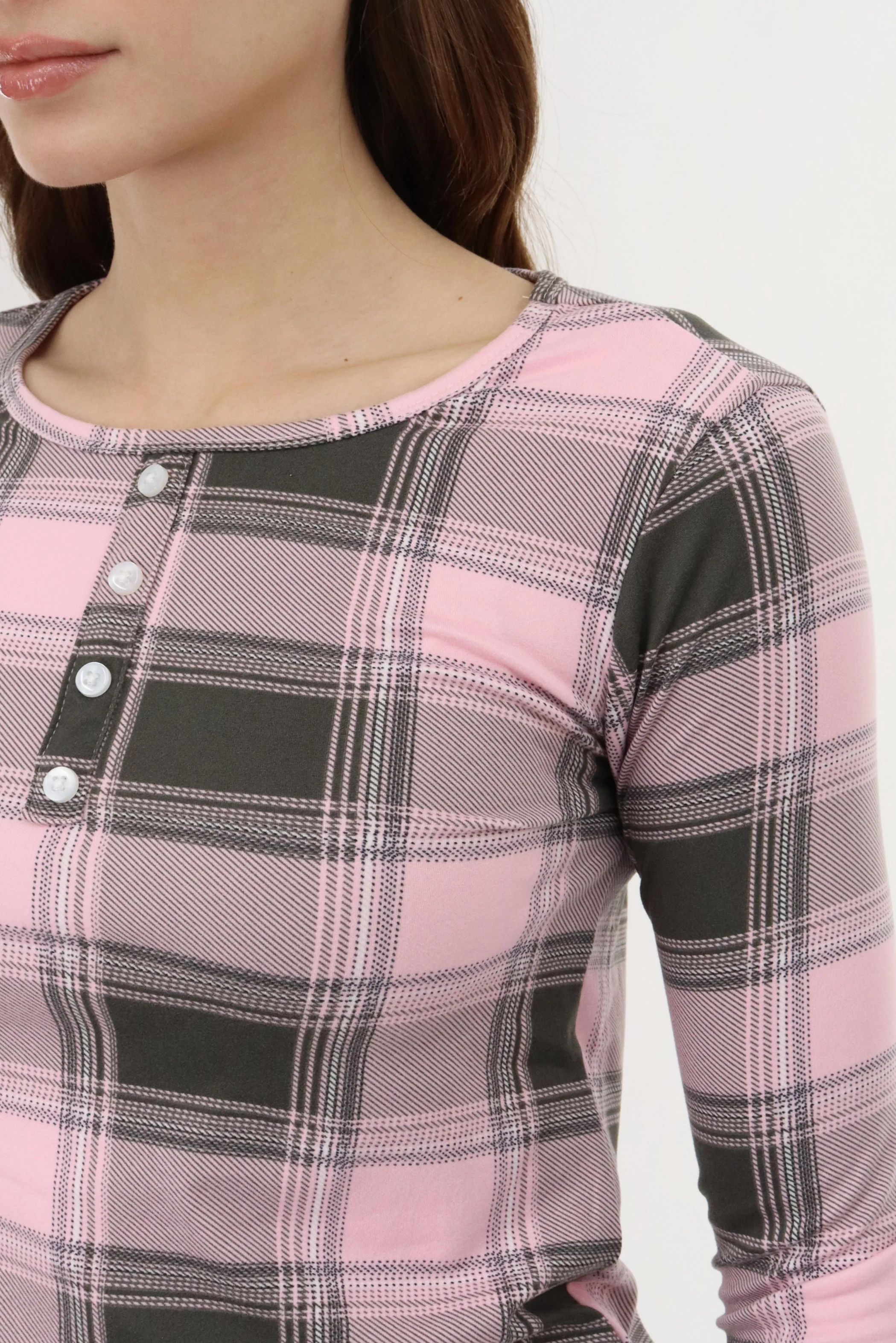 Long Sleeve Plaid Pajama Top - Pink - Image 4