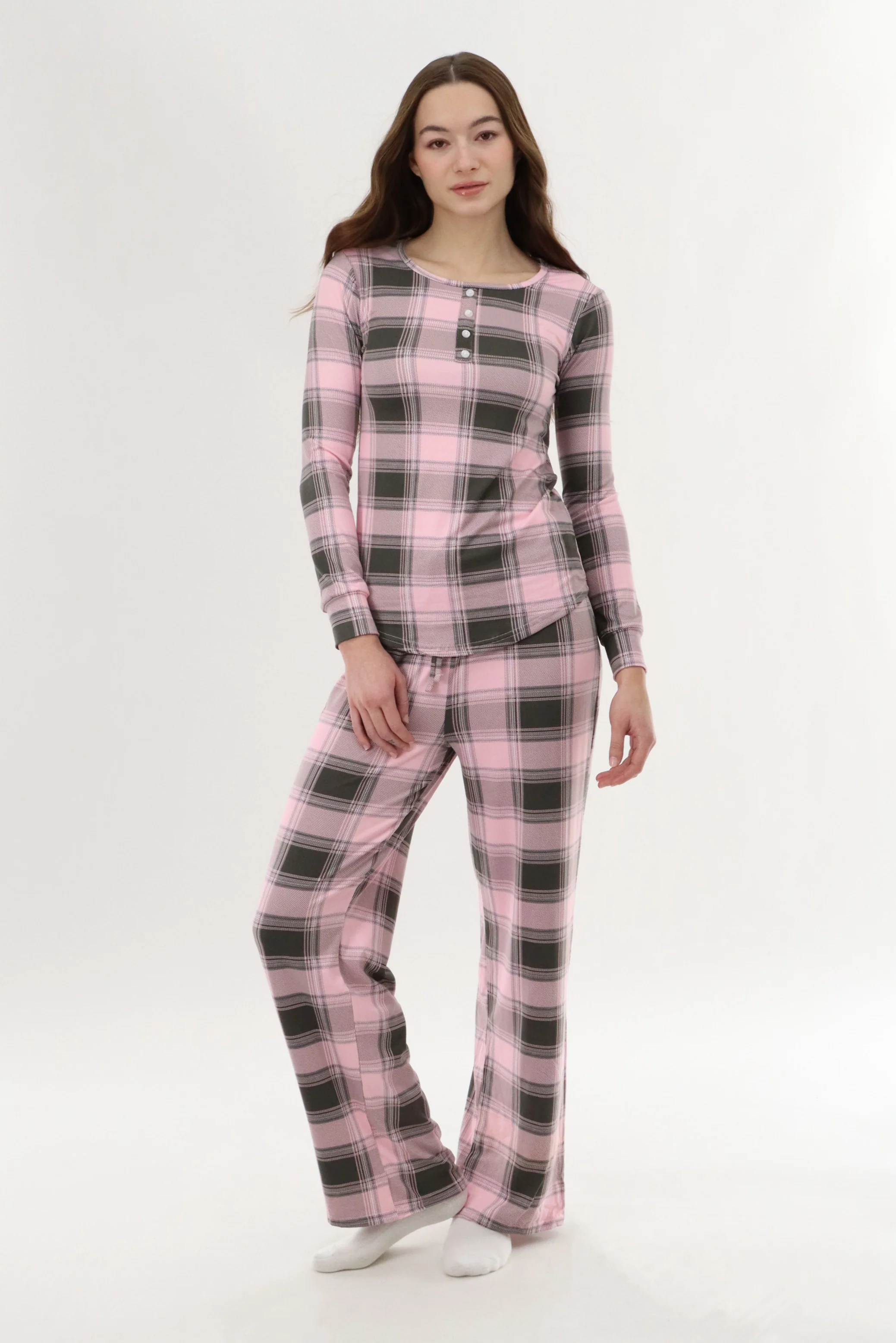 Long Sleeve Plaid Pajama Top - Pink - Image 5