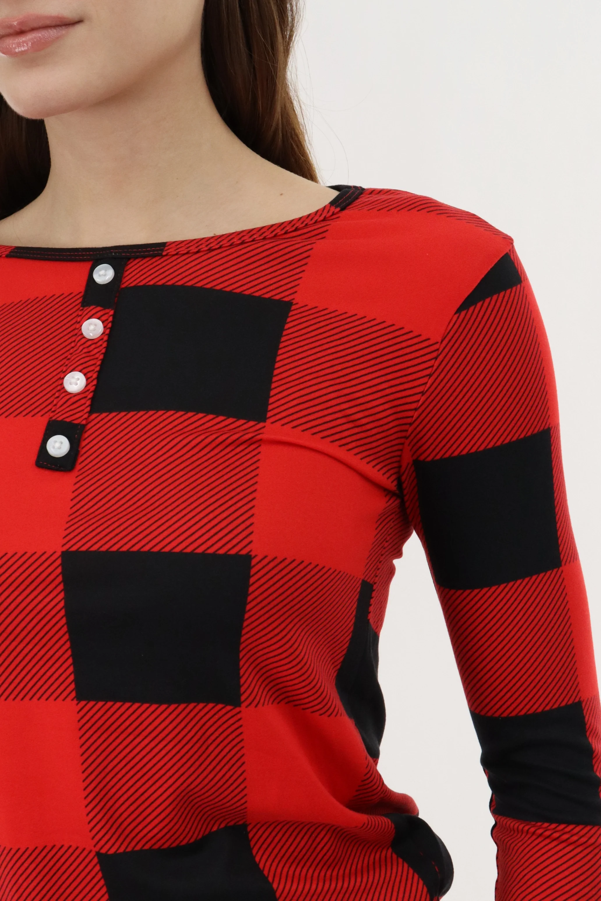 Long Sleeve Plaid Pajama Top - Red - Image 4
