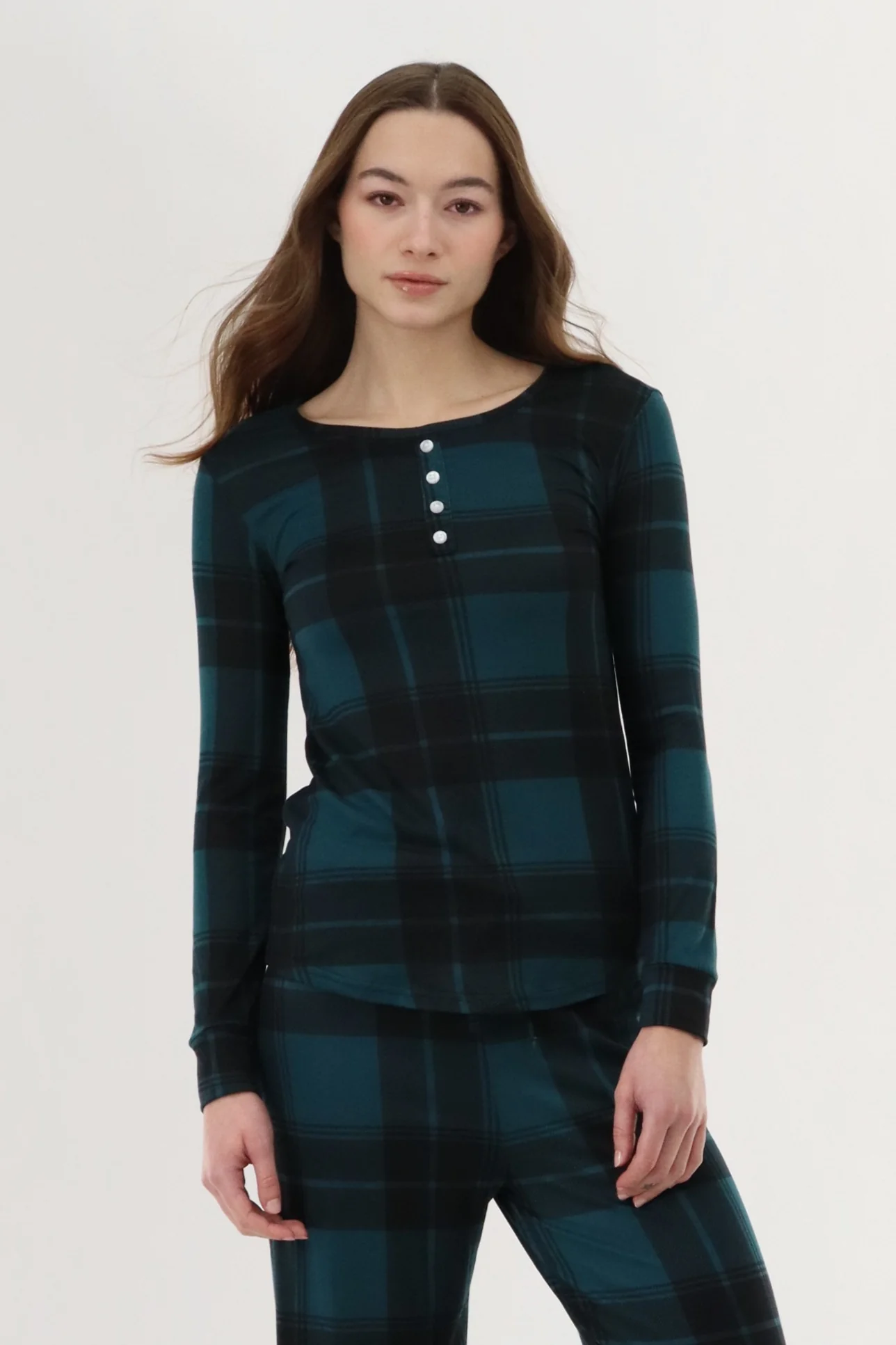 Long Sleeve Plaid Pajama Top - Teal