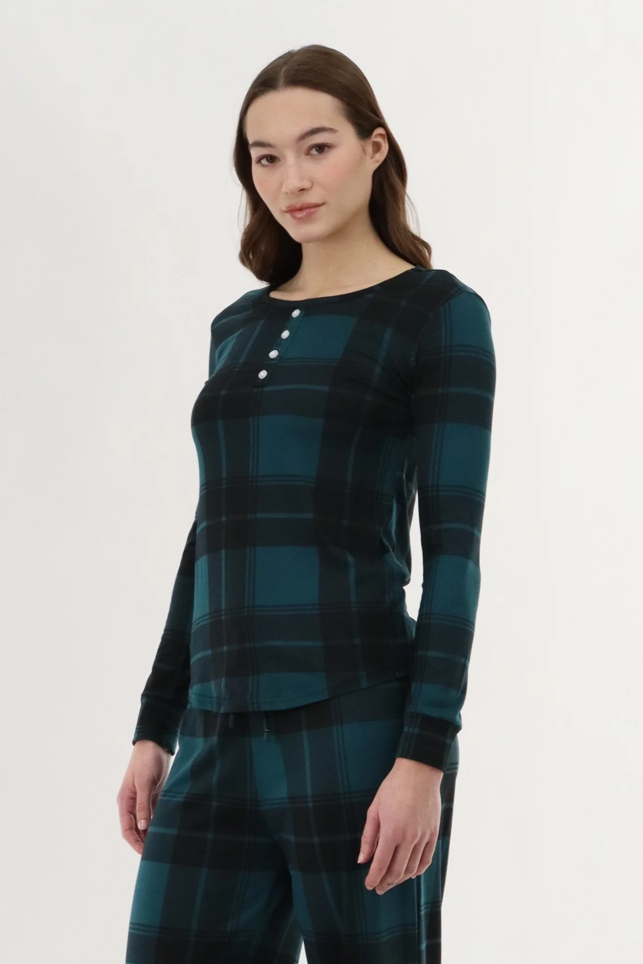 Long Sleeve Plaid Pajama Top - Teal - Image 2