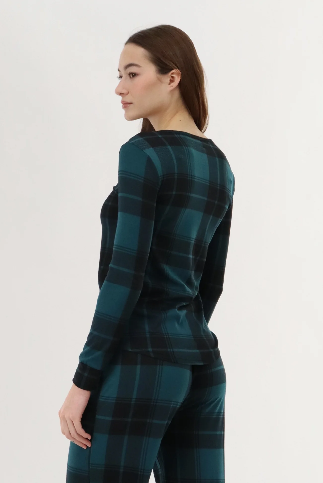 Long Sleeve Plaid Pajama Top - Teal - Image 3